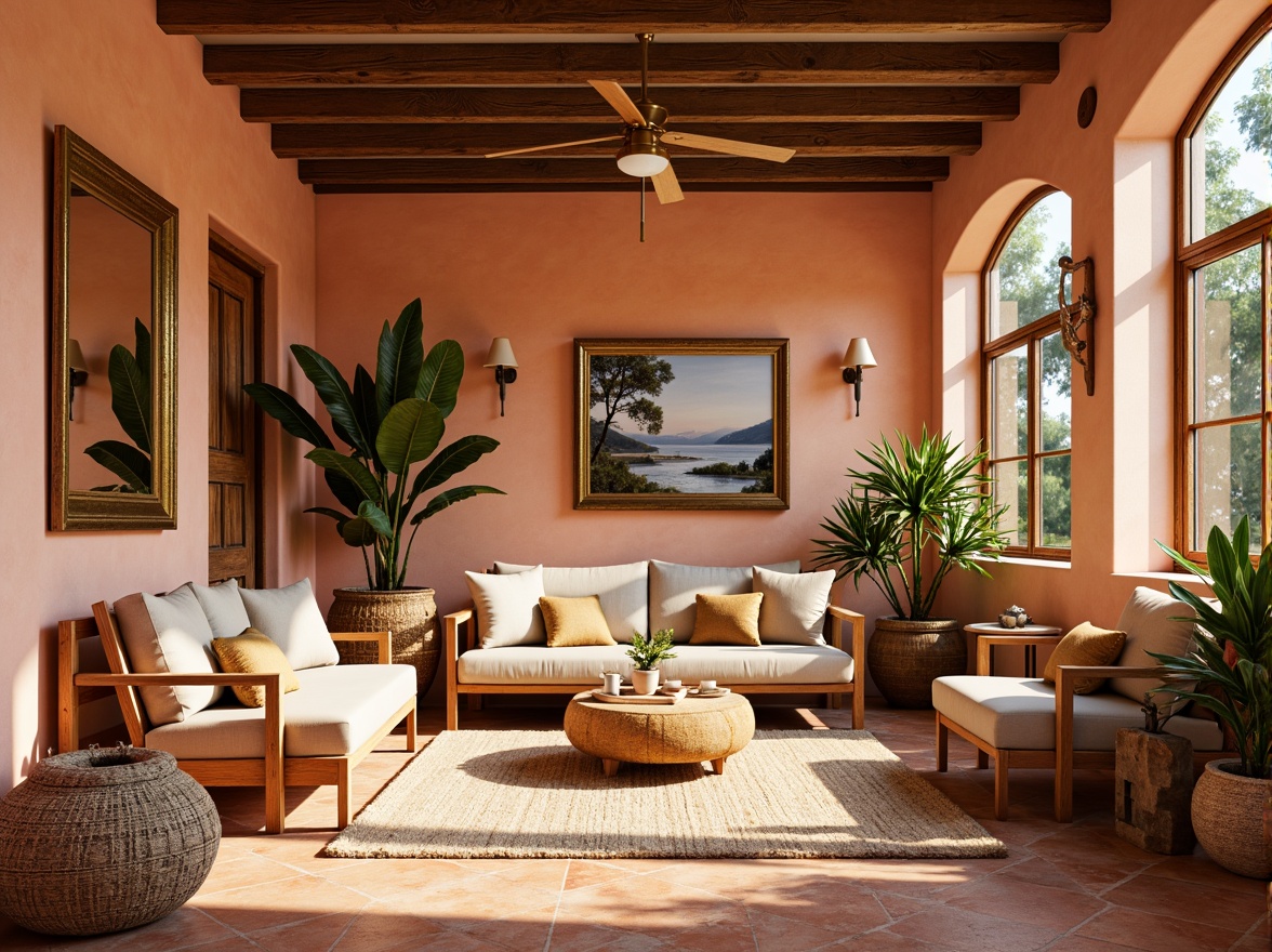 Prompt: Vibrant apricot hues, warm beige tones, soft peach accents, metallic gold details, natural wood textures, earthy terracotta floors, bohemian-inspired patterns, eclectic vintage decor, lush greenery, sunny afternoon light, shallow depth of field, 1/2 composition, realistic rendering, ambient occlusion.