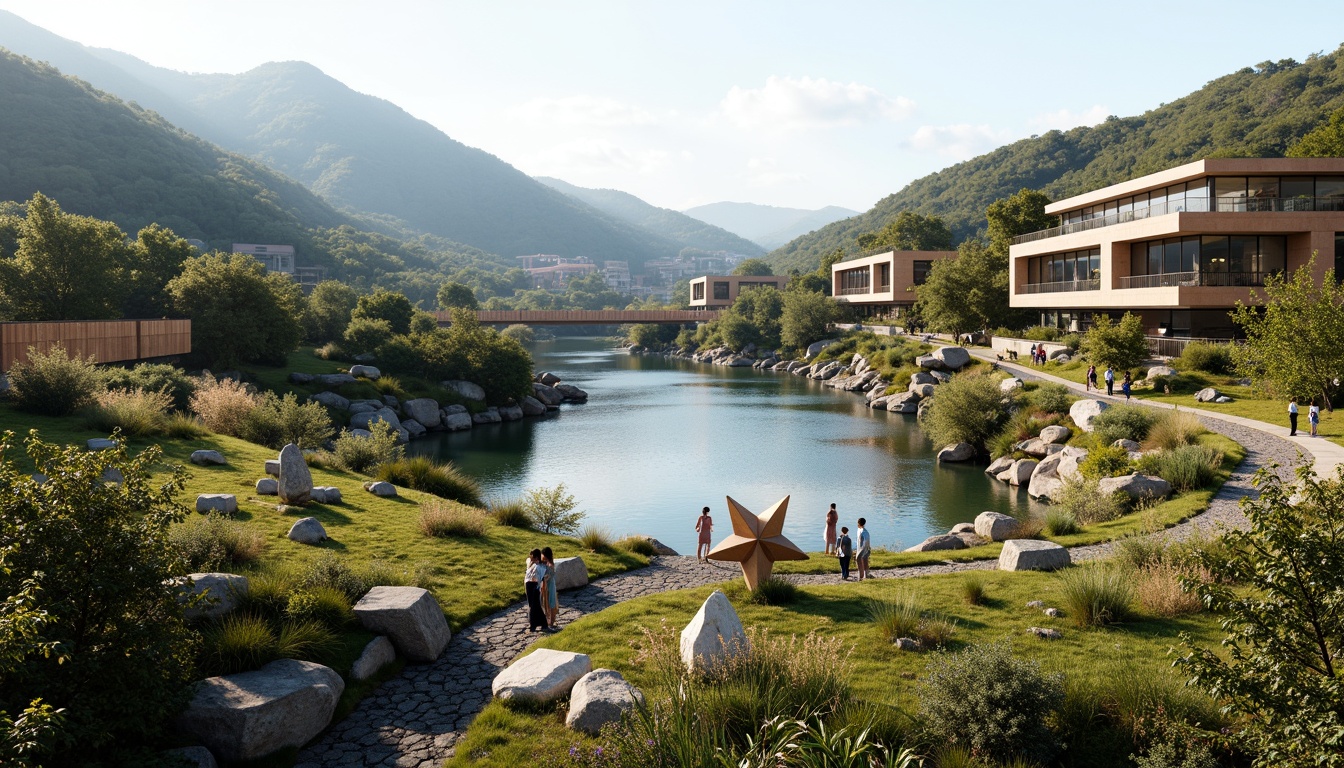 Prompt: Mountainous terrain, rolling hills, serene lakeside, lush vegetation, meandering paths, wooden bridges, natural stone walls, abstract sculptures, fragmented forms, geometric patterns, vibrant colors, eclectic textures, modernist architecture, cantilevered structures, large glass facades, panoramic views, shallow depth of field, 1/2 composition, warm soft lighting, ambient occlusion.