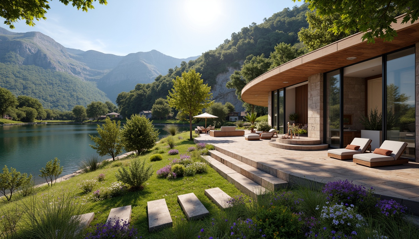 Prompt: Mountainous terrain, serene lake, lush greenery, vibrant wildflowers, rustic wooden decks, natural stone walls, modern curved lines, cantilevered rooflines, floor-to-ceiling windows, sliding glass doors, seamless indoor-outdoor transition, warm sunny day, soft diffused lighting, shallow depth of field, 3/4 composition, panoramic view, realistic textures, ambient occlusion.