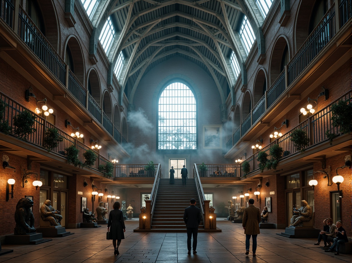 Prompt: Grandiose train station, vaulted ceilings, ribbed arches, pointed spires, stained glass windows, intricate stone carvings, ornate metalwork, mystical gargoyles, grand staircases, lavish chandeliers, atmospheric misting, dramatic spotlighting, warm earthy tones, rustic brick textures, ancient-inspired sculptures, mysterious foggy atmosphere, cinematic 3/4 composition, symmetrical framing, richly detailed ornaments.