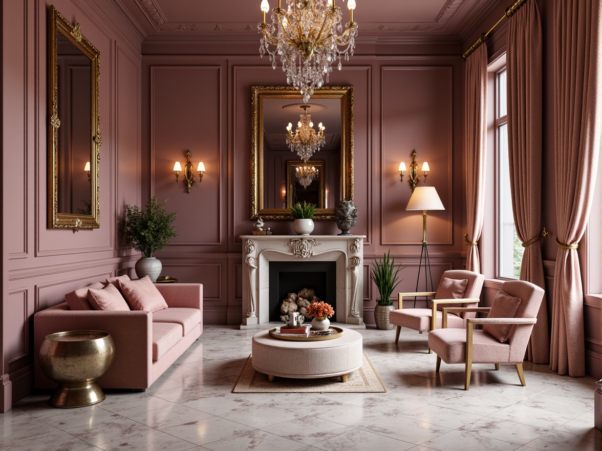 Prompt: Rich mauve tones, soft blush accents, luxurious velvet textures, ornate golden frames, lavish drapery, elegant crystal chandeliers, sophisticated marble floors, refined wooden furniture, subtle metallic sheens, warm ambient lighting, shallow depth of field, 2/3 composition, realistic renderings, detailed normal maps.