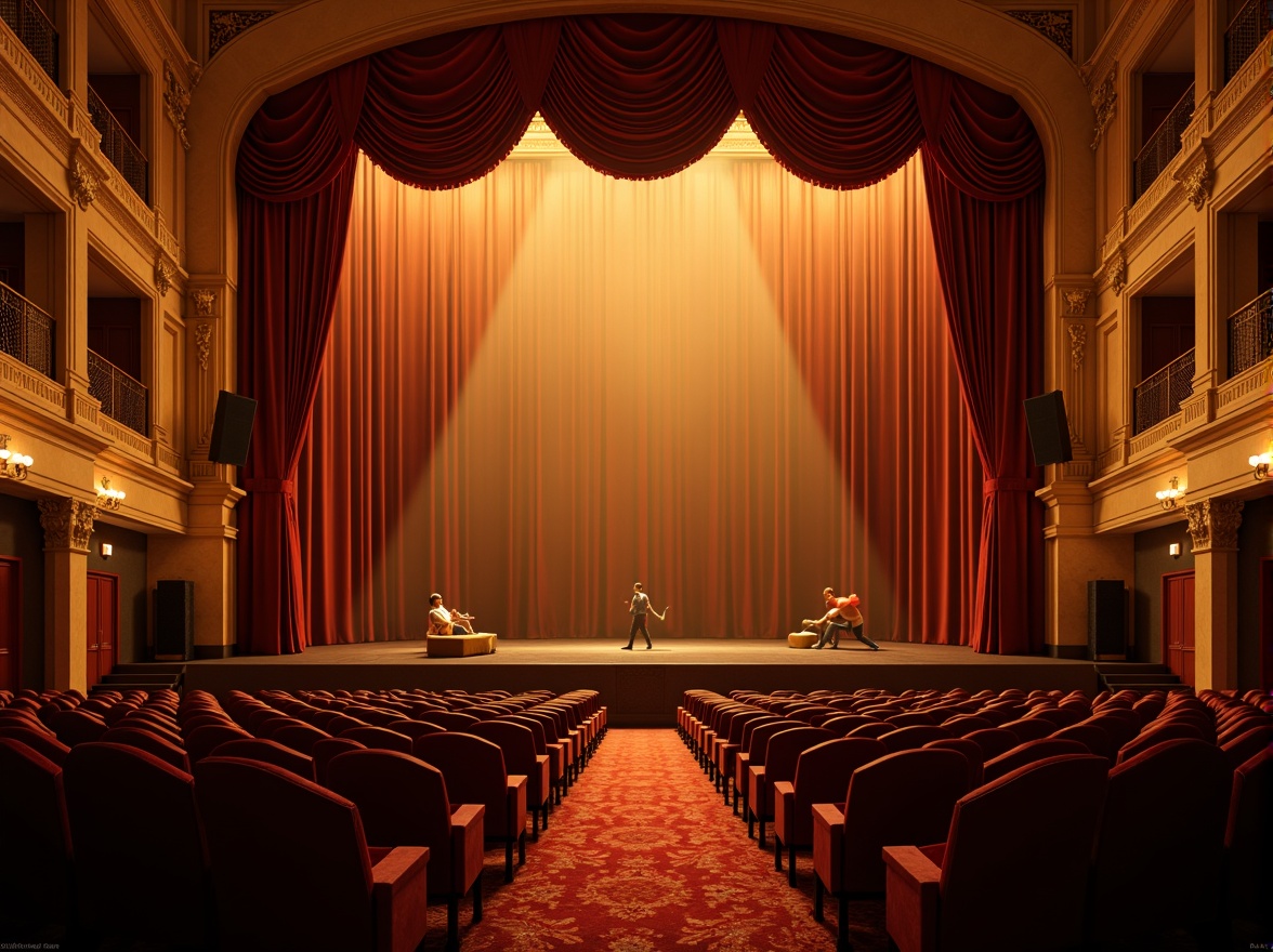 Prompt: Elegant academic theater, rich velvet curtains, warm golden lighting, ornate wooden paneling, plush red seats, subtle patterned carpets, dramatic spotlights, bold stage makeup, vibrant costume designs, classical architectural details, refined decorative moldings, sophisticated color palette, harmonious contrast, analogous hues, triadic accents, high-contrast highlights, soft gradient transitions, atmospheric fog effects, cinematic camera angles, symmetrical composition, intimate 2/3 shot framing.