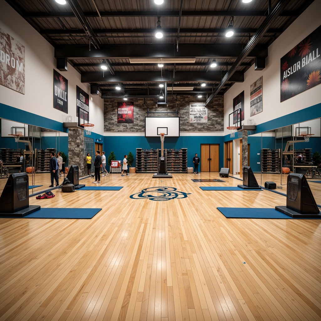 Prompt: Modern gymnasium interior, polished wooden floors, mirrored walls, professional sports equipment, basketball hoops, volleyball nets, exercise machines, free weights, yoga mats, sound systems, motivational quotes, natural stone accents, industrial lighting, high ceilings, open spaces, flexible seating areas, athletic lockers, shower facilities, rubber flooring, safety padding, vibrant color schemes, dynamic textures, shallow depth of field, 1/1 composition, realistic reflections.