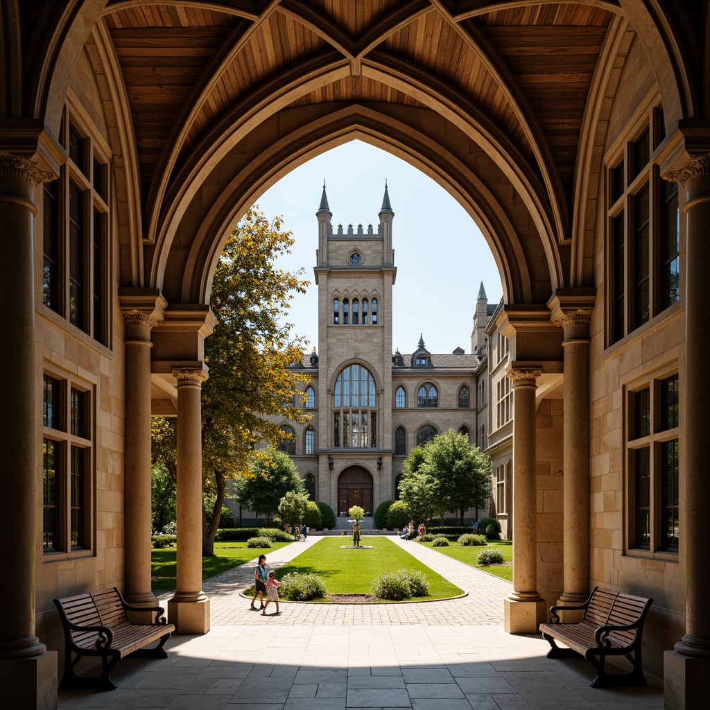 Prompt: Historic university campus, grandiose entrance gates, ornate stone columns, Gothic-style architecture, ribbed vaults, pointed arches, stained glass windows, intricate carvings, wooden paneling, high ceilings, sprawling green lawns, mature trees, walking paths, bench seating, traditional academic atmosphere, warm golden lighting, shallow depth of field, 1/2 composition, realistic textures, ambient occlusion.