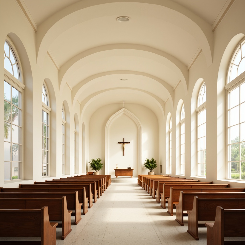 Prompt: Minimalist church interior, soft natural light, creamy white walls, polished wooden pews, subtle stained glass windows, elegant arches, vaulted ceilings, serene atmosphere, peaceful ambiance, simple crucifix, understated altar, open spatial layout, uncluttered flooring, calming color palette, gentle lighting, shallow depth of field, 1/1 composition, symmetrical framing, realistic textures, ambient occlusion.