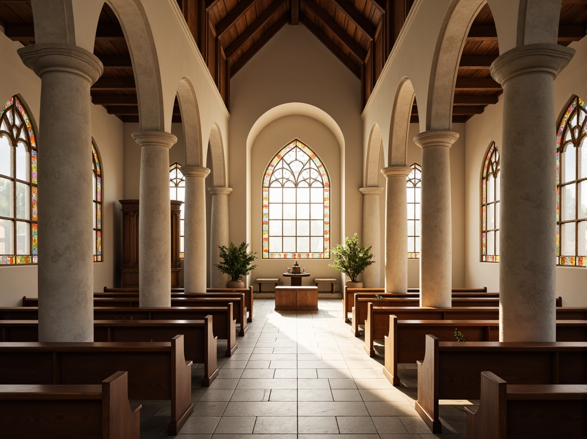 Prompt: Simple church interior, minimal ornamentation, natural light pouring, stained glass windows, subtle color palette, smooth stone floors, slender columns, vaulted ceilings, soft warm lighting, low contrast ratio, 1/1 composition, symmetrical framing, gentle shadows, realistic textures, ambient occlusion.