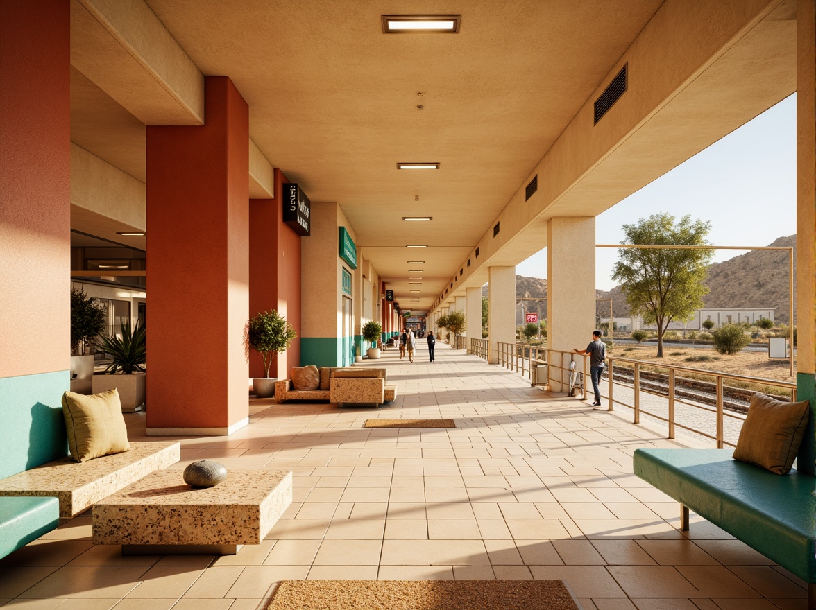 Prompt: Vibrant desert metro station, warm beige walls, sandy dune-inspired floors, turquoise accents, terracotta red columns, soft golden lighting, modern angular architecture, sleek stainless steel rails, minimalist signage, cactus-patterned seats, earthy tone mosaics, warm natural stone textures, arid landscape views, bright sunny day, shallow depth of field, 1/2 composition, realistic shadows, ambient occlusion.