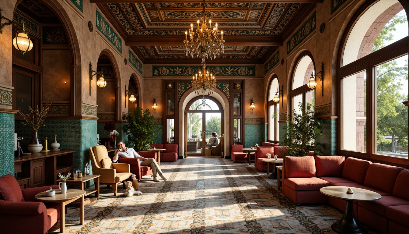 Prompt: Rich coffee aroma, ornate arches, intricately patterned mosaics, golden Byzantine accents, lavish chandeliers, rustic wooden furniture, plush velvet upholstery, warm earthy tones, soft candlelight, dramatic high ceilings, grand entranceways, Moorish-inspired tiles, antique bronze fixtures, fragrant coffee beans, steaming espresso machines, cozy nooks, vibrant turquoise hues, ornate frescoes, sunny afternoon, soft focus, 1/2 composition, romantic ambiance.