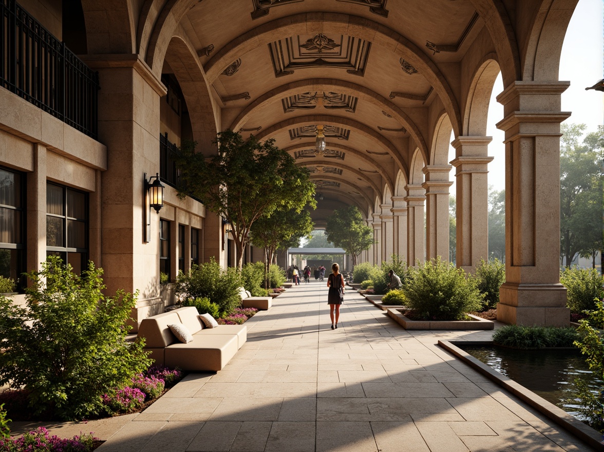 Prompt: Grandiose metro station, Romanesque arches, ornate columns, intricate carvings, earthy tone stone walls, lush greenery, vibrant flowers, tranquil water features, modern urban furniture, sleek metal benches, elegant street lamps, warm soft lighting, shallow depth of field, 3/4 composition, panoramic view, realistic textures, ambient occlusion.