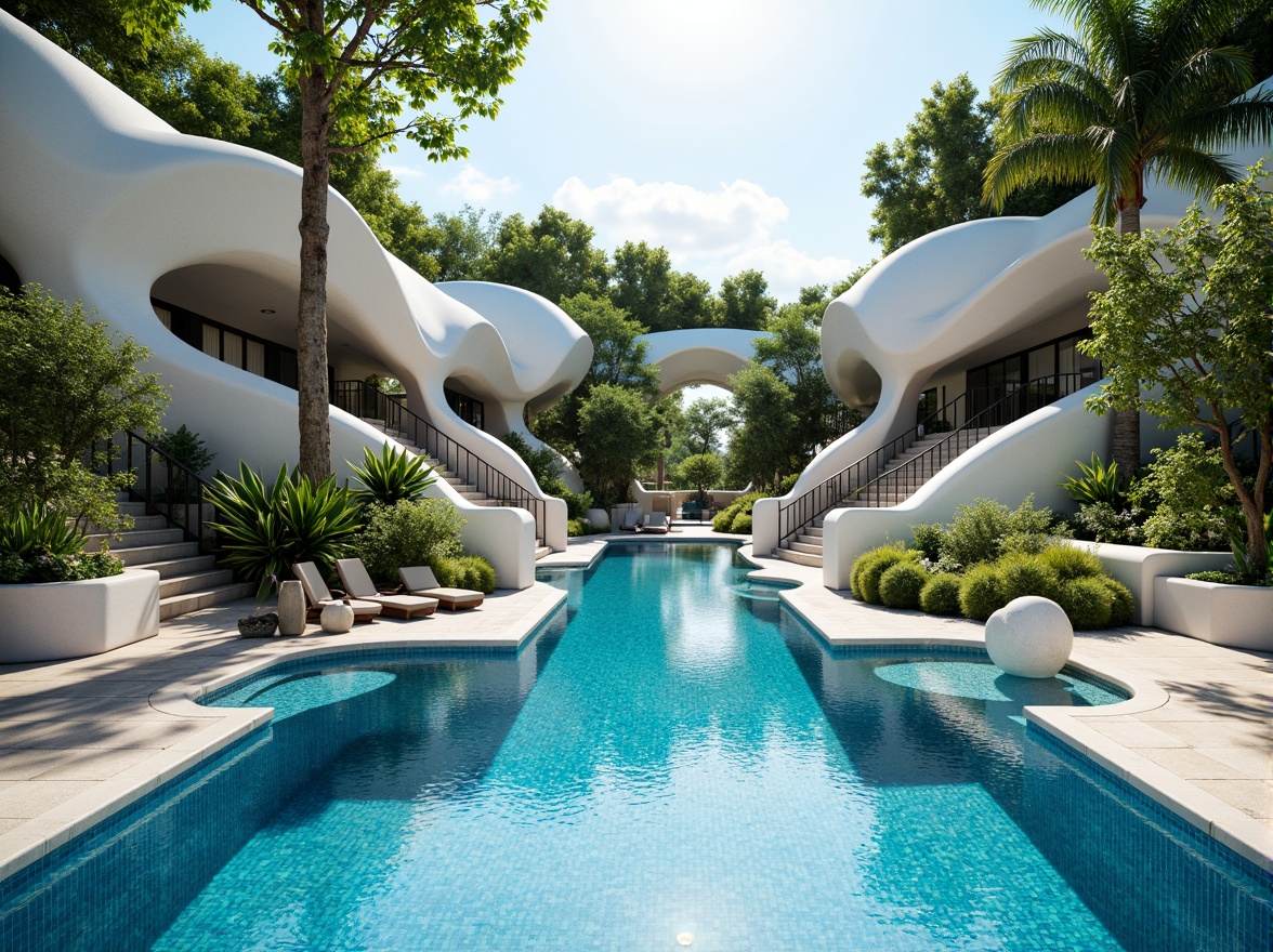 Prompt: Undulating curves, free-flowing shapes, iridescent blues, glistening water effects, organic blob-like structures, futuristic pool design, sleek fiberglass materials, shimmering mosaic tiles, natural stone accents, lush greenery surroundings, tropical plants, warm sunny day, soft diffused lighting, shallow depth of field, 1/2 composition, panoramic view, realistic reflections, ambient occlusion.