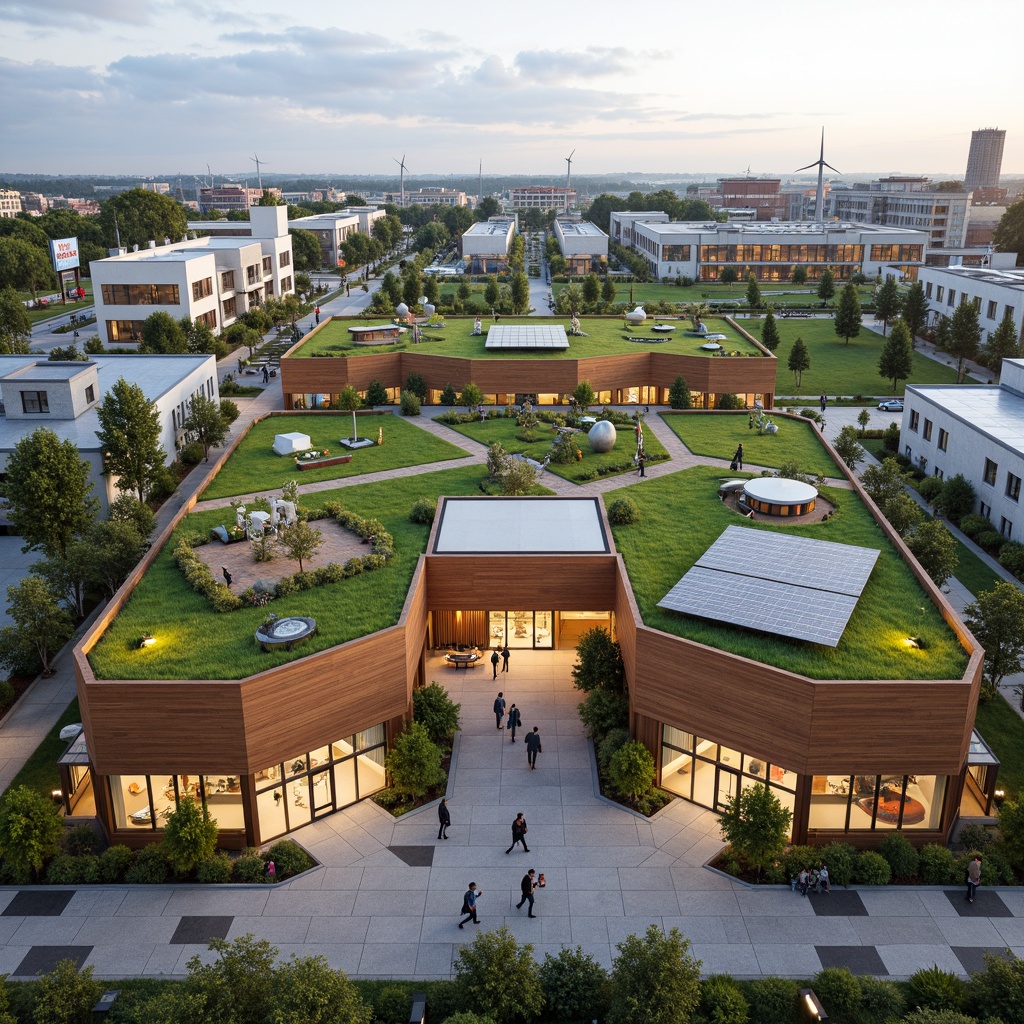 Prompt: Vibrant community center, lush green roofs, solar panels, wind turbines, rainwater harvesting systems, eco-friendly materials, natural ventilation, abundant daylight, minimalist interior design, reclaimed wood accents, energy-efficient lighting, modern angular architecture, curved lines, open public spaces, pedestrian-friendly surroundings, bike lanes, electric vehicle charging stations, organic gardens, community art installations, educational signage, soft warm lighting, 3/4 composition, realistic textures.