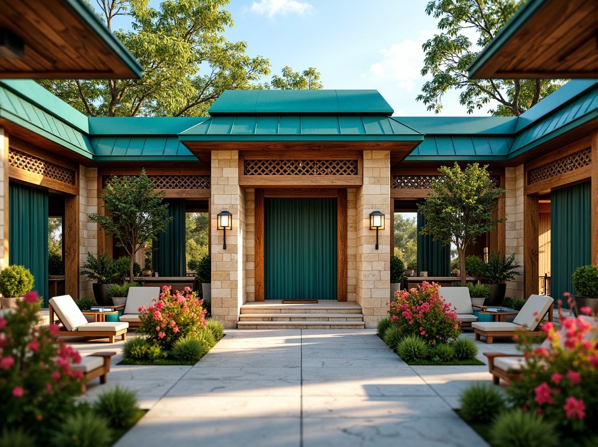 Prompt: Vibrant pavilion, bold color scheme, turquoise accents, warm beige stonework, rich wood textures, latticework patterns, intricate metal details, soft ambient lighting, natural ventilation systems, open-air design, lush green roofs, blooming flowers, serene atmosphere, shallow depth of field, 1/2 composition, realistic materials, ambient occlusion.