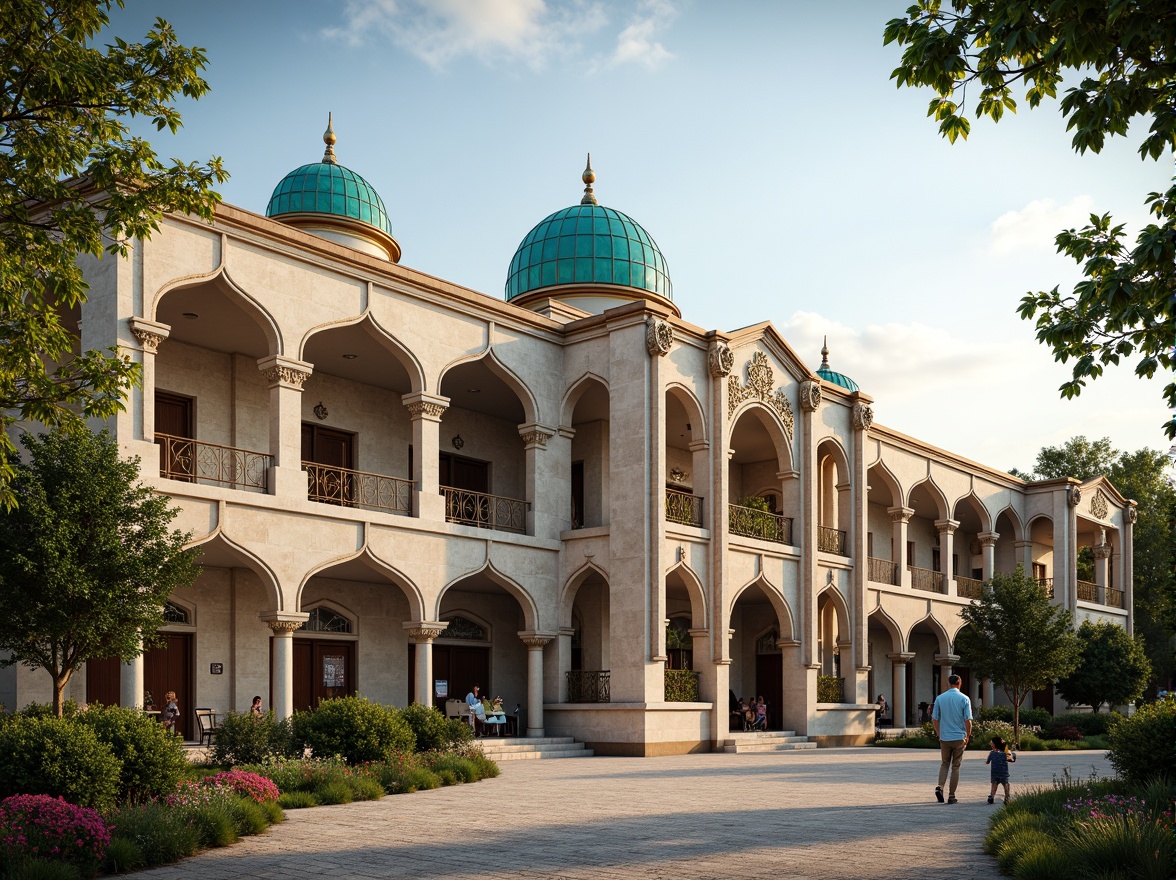 Prompt: \Majestic high school building, Byzantine-inspired architecture, grand arches, ornate columns, intricate stone carvings, vibrant turquoise domes, golden accents, ornamental metalwork, lush greenery, blooming flowers, sunny day, soft warm lighting, shallow depth of field, 3/4 composition, panoramic view, realistic textures, ambient occlusion.\Let me know if this meets your expectations!