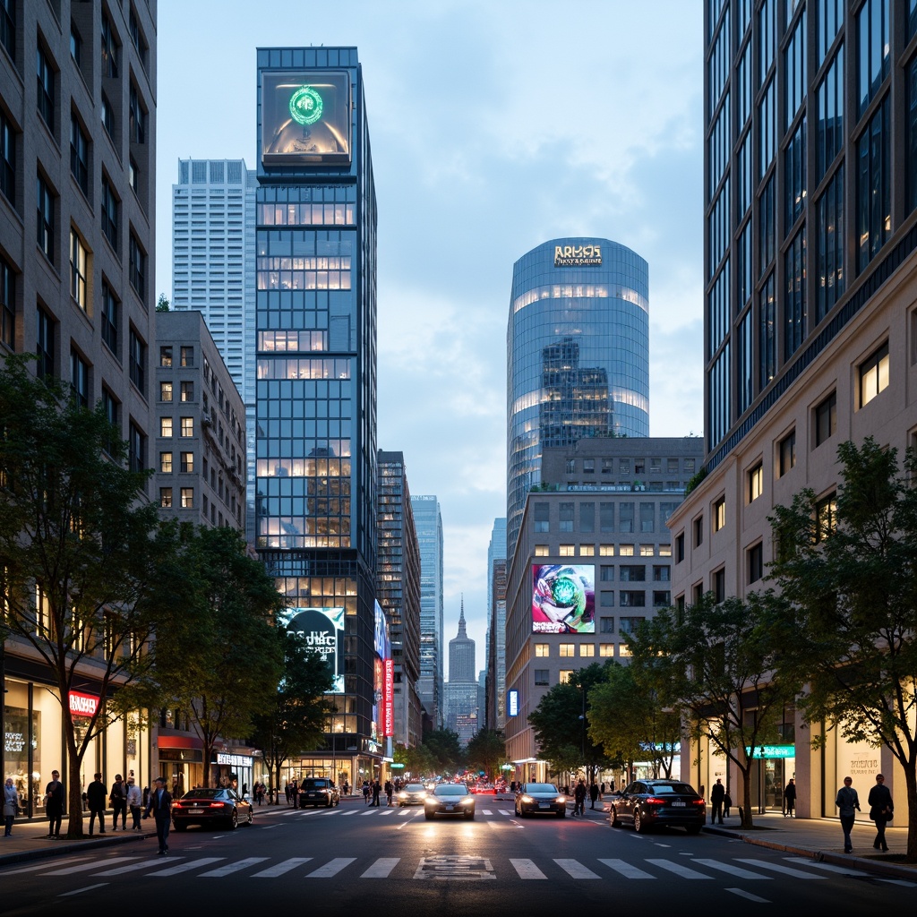 Prompt: Futuristic cityscape, sleek skyscrapers, neon lights, bustling streets, dynamic pedestrian traffic, holographic advertisements, advanced public transportation systems, green urban parks, vibrant street art, modern architectural landmarks, curved lines, metallic surfaces, ambient lighting, shallow depth of field, 2/3 composition, cinematic camera angles, realistic reflections, atmospheric fog effects.