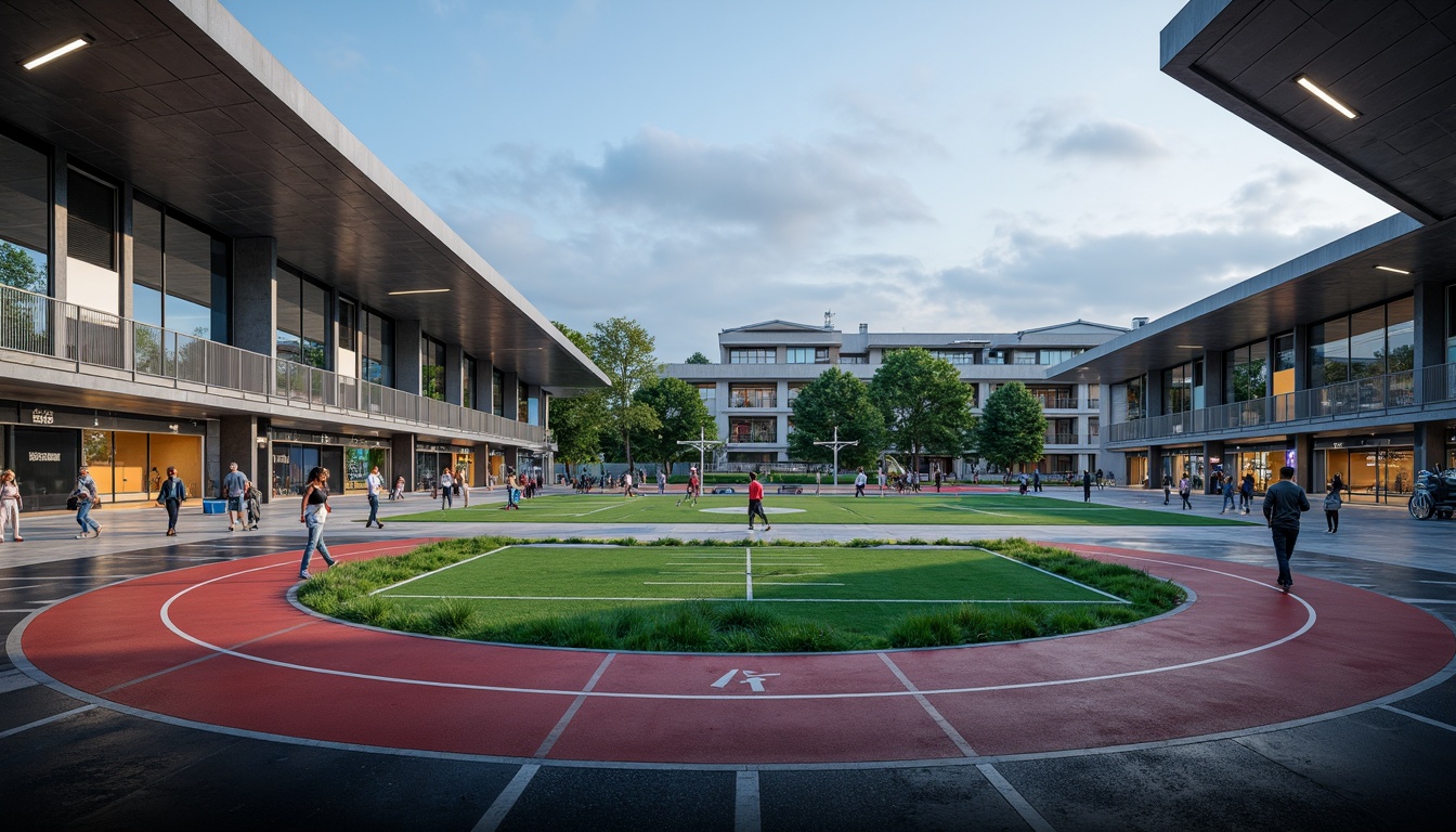 Prompt: Modern sports complex, sleek metallic structures, minimalist design, open-air courtyards, athletic tracks, professional soccer fields, basketball courts, tennis courts, swimming pools, functional exercise areas, state-of-the-art fitness equipment, mirrored walls, rubber flooring, ambient lighting, shallow depth of field, 3/4 composition, panoramic view, realistic textures, dynamic shadows.