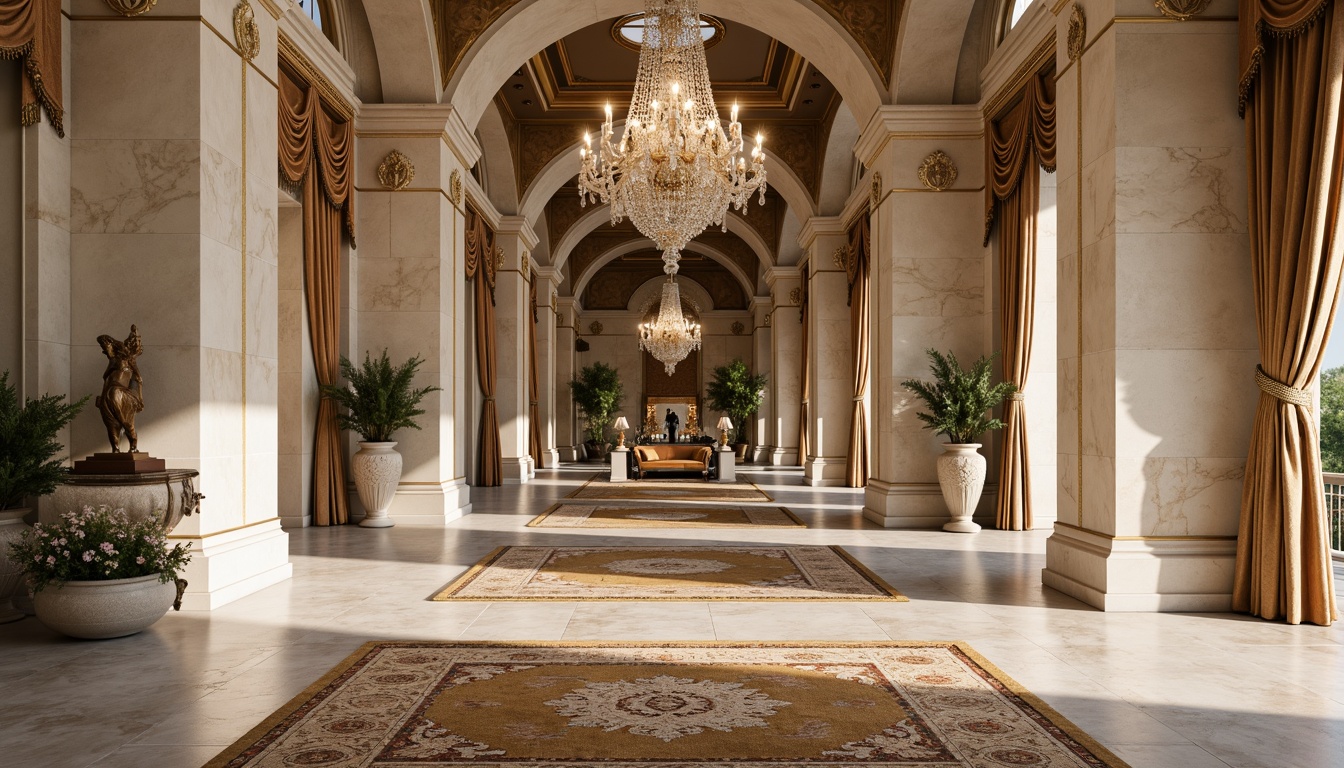 Prompt: Elegant stone facades, ornate carvings, richly veined marble, polished bronze accents, intricately patterned rugs, luxurious velvet drapes, gilded molding details, crystal chandeliers, subtle cream hues, warm golden lighting, soft focus photography, shallow depth of field, 2/3 composition, symmetrical framing, highly detailed textures, ambient occlusion.