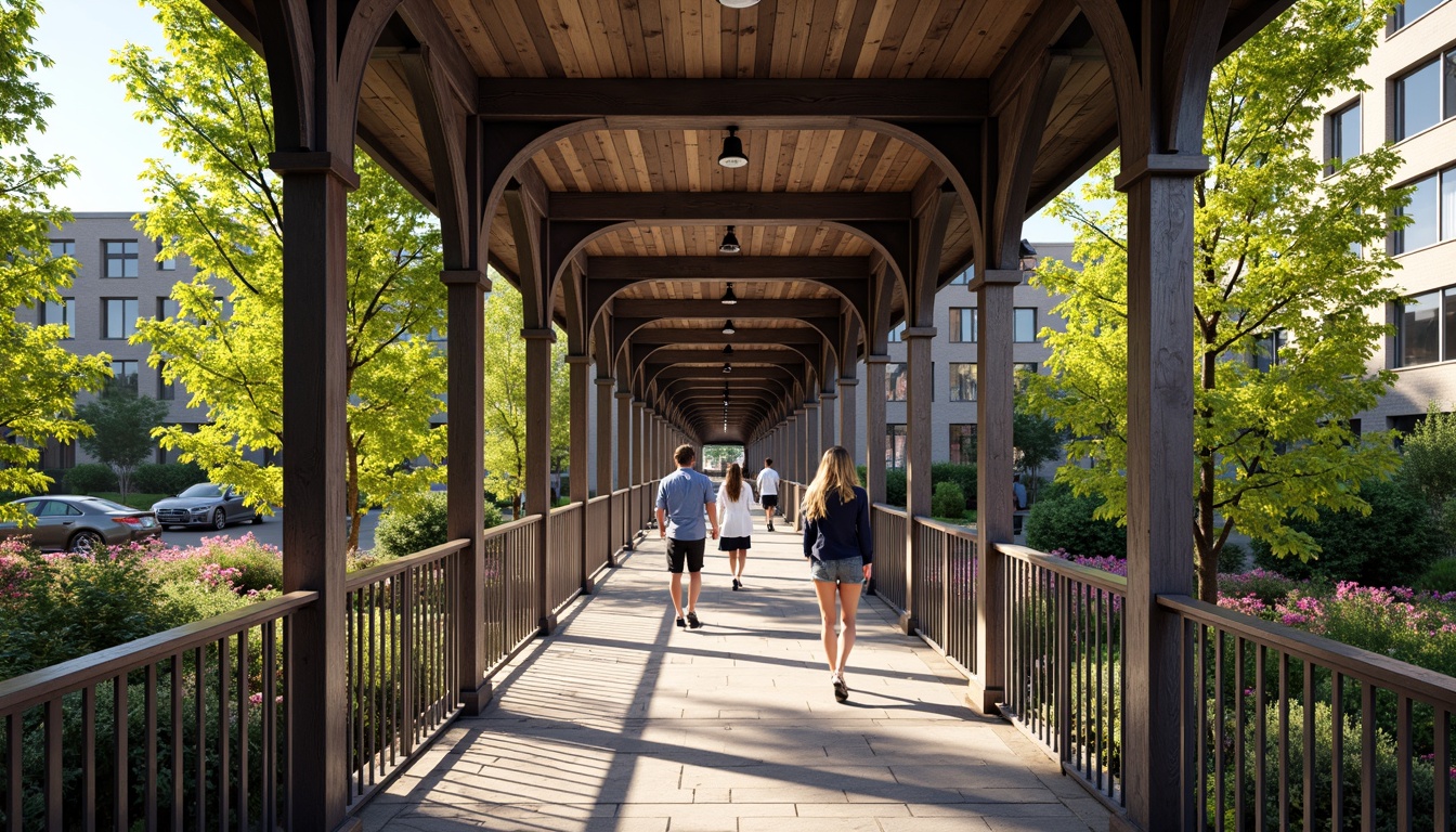 Prompt: Elegant pedestrian bridge, symmetrical arches, sturdy steel beams, weathered wooden planks, intricate metal latticework, ornate railings, subtle lighting fixtures, urban campus setting, lively student atmosphere, vibrant greenery, blooming flowers, sunny afternoon, soft warm glow, shallow depth of field, 1/2 composition, realistic textures, ambient occlusion.