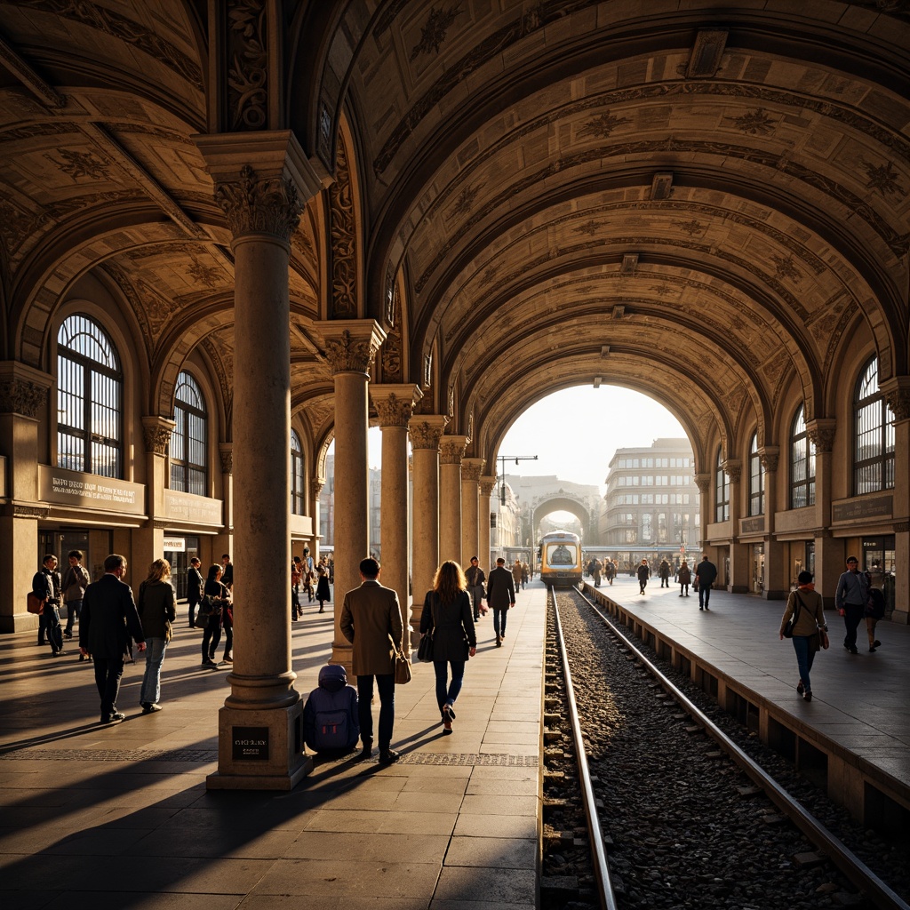 Prompt: Grand metro station, Romanesque archways, ornate columns, intricate carvings, vaulted ceilings, stained glass windows, warm golden lighting, bustling crowds, modern signage, sleek trains, metallic tracks, urban cityscape, busy streets, morning rush hour, shallow depth of field, 1/2 composition, dramatic shadows, realistic textures, ambient occlusion.