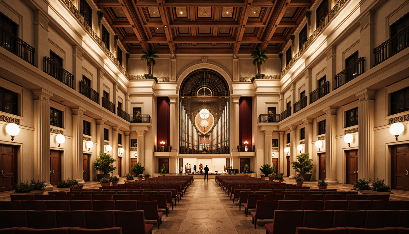 Prompt: Elegant concert hall, academic style facade, symmetrical composition, grand entrance, ornate details, classical columns, arched windows, neutral color palette, beige stone walls, copper roofing, subtle lighting accents, intricate moldings, acoustic panels, wooden flooring, plush seating, refined interior design, dramatic stage lighting, 1/1 composition, soft focus, atmospheric rendering.