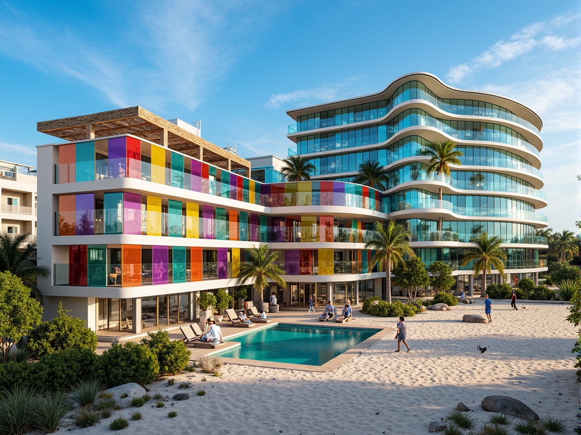 Prompt: Vibrant beachside architecture, kaleidoscope glass fa\u00e7ade, iridescent colors, undulating waves-inspired design, translucent glass walls, ocean breeze-permeable structures, driftwood accents, sea-worn stones, coral-patterned mosaics, turquoise-tinted windows, shimmering LED lighting, soft ocean spray mist, warm sandy dunes, lush coastal vegetation, seagull silhouettes, serene ocean views, 1/1 composition, symmetrical balance, realistic glass reflections.