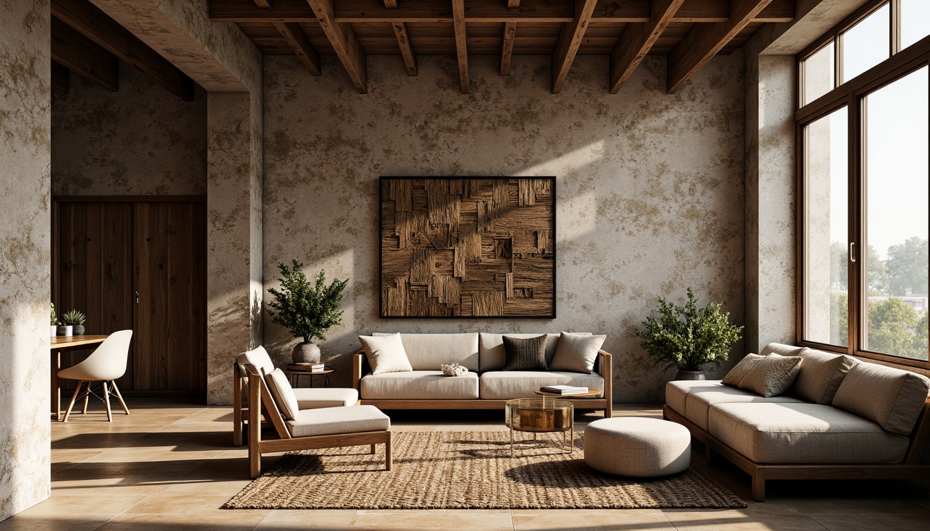 Prompt: Rough stone walls, distressed wood planks, metallic grids, woven fibers, natural fabrics, earthy tones, organic shapes, abstract patterns, geometric motifs, minimalist decor, modern industrial design, urban loft atmosphere, warm soft lighting, shallow depth of field, 3/4 composition, realistic textures, ambient occlusion.