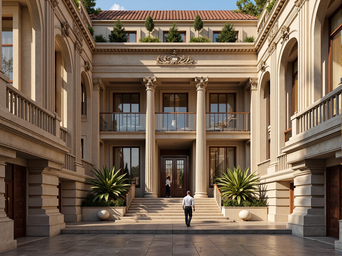 Prompt: Grand neoclassical facade, ornate columns, carved stone details, symmetrical composition, grand entrance, sweeping arches, rusticated base, decorative cornices, classical pediments, richly ornamented balconies, elegant balustrades, majestic statues, polished marble floors, intricate moldings, soft golden lighting, shallow depth of field, 1/1 composition, realistic textures, ambient occlusion.