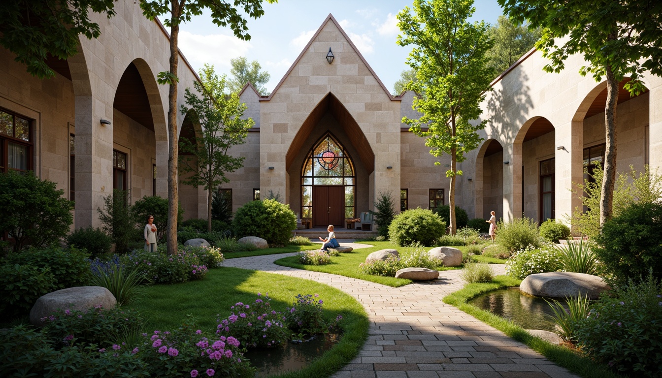 Prompt: Serene chapel courtyard, lush greenery, vibrant flowers, meandering pathways, tranquil water features, spiritual statues, stained glass windows, rustic stone walls, modern minimalist architecture, sweeping arches, clerestory windows, natural light pouring in, warm soft lighting, shallow depth of field, 3/4 composition, panoramic view, realistic textures, ambient occlusion, sacred atmosphere, peaceful ambiance, connection to nature, harmonious blend of faith and landscape.