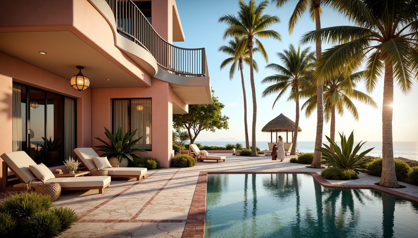 Prompt: Vibrant beachside villa, ornate metal railings, curved ocean-inspired balconies, geometric patterned tiles, luxurious marble floors, opulent chandeliers, stylized shell motifs, tropical palm trees, soft warm sunlight, shallow water reflections, misty morning atmosphere, 1/1 composition, symmetrical framing, high-contrast lighting, realistic metallic textures, subtle ambient occlusion.