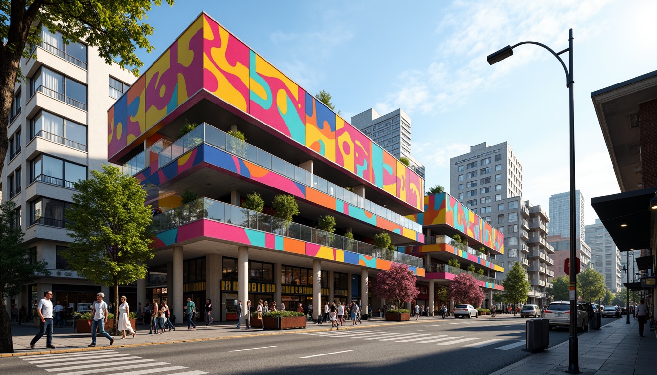 Prompt: Vibrant bus station, expressionist facade, bold angular lines, geometric shapes, bright primary colors, abstract patterned walls, irregularly shaped windows, cantilevered roofs, dynamic architectural forms, urban cityscape, busy streets, morning commute, natural light, shallow depth of field, 1/2 composition, low-angle shot, dramatic shadows, high-contrast lighting, futuristic ambiance.Please let me know if this meets your expectations!