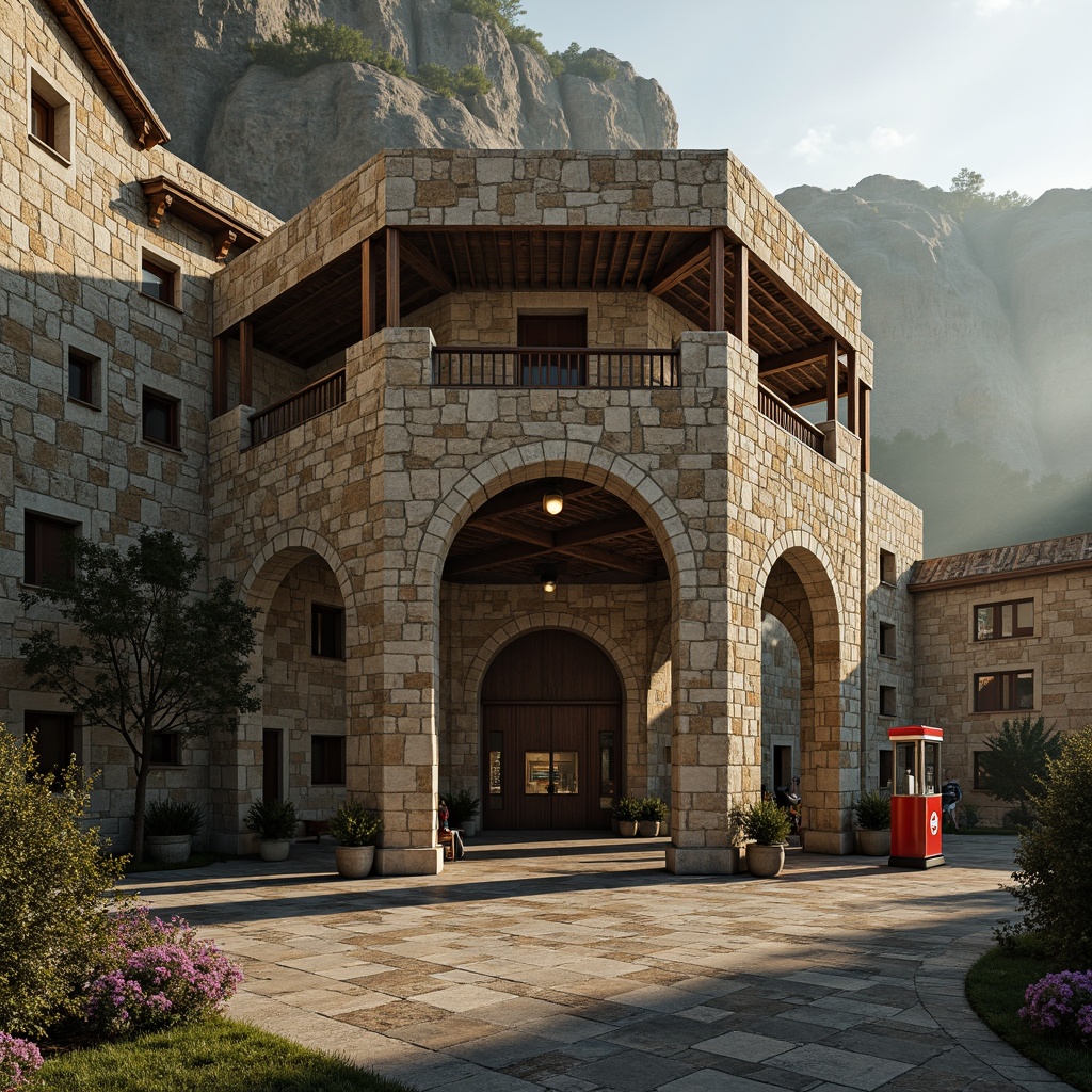 Prompt: Rustic gas station, Romanesque architecture, stone cladding, rough-hewn texture, earthy tones, natural stone walls, ornate carvings, grand entrance, vaulted ceilings, decorative arches, intricate stonework, rugged landscape, misty morning, warm sunlight, soft shadows, high contrast, dramatic lighting, atmospheric perspective, symmetrical composition, detailed textures, ambient occlusion.