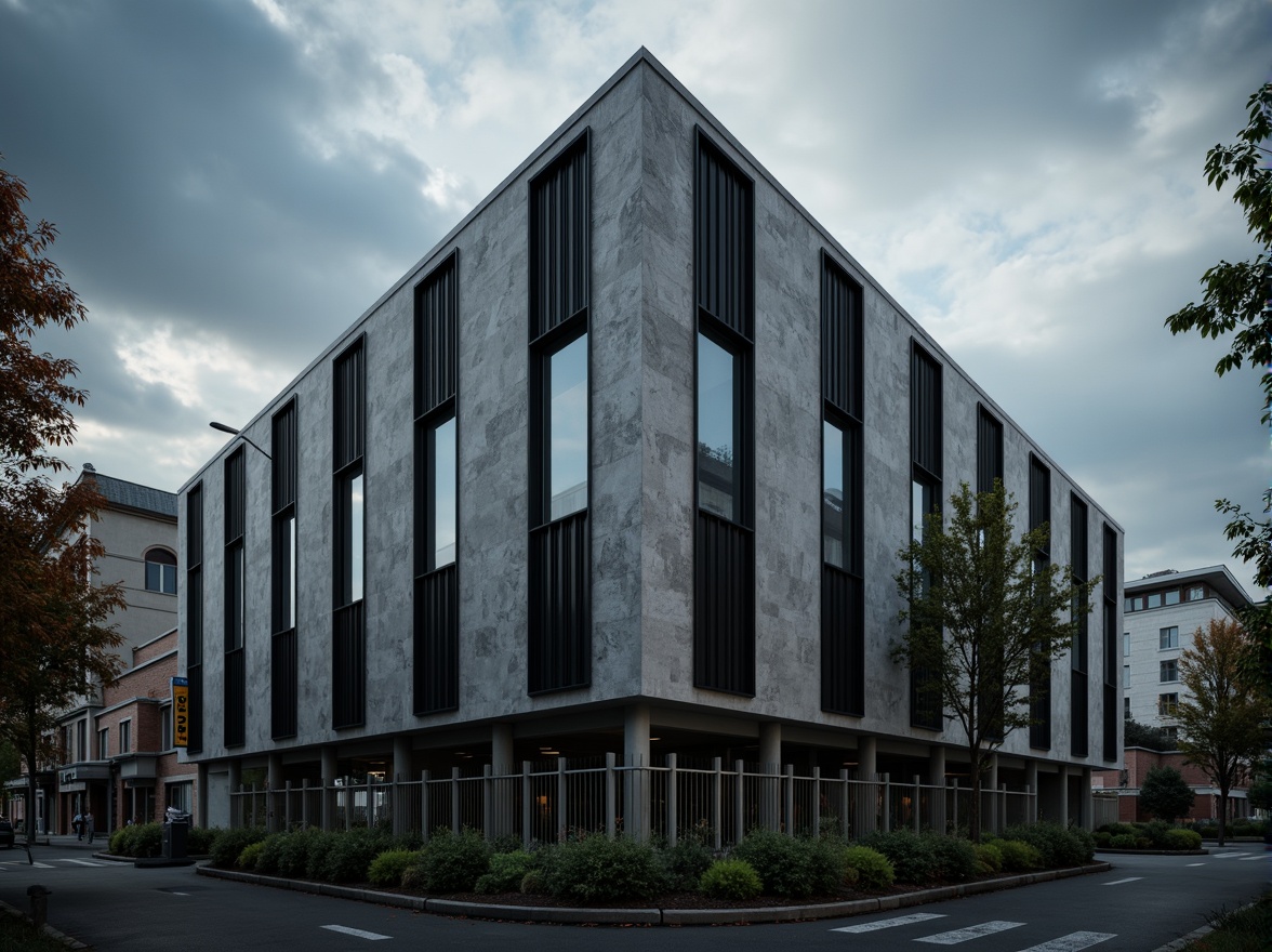 Prompt: Industrial building facade, fiber-cement panels, textured surfaces, metallic frames, urban cityscape, cloudy overcast sky, dramatic lighting, deep shadows, 1/1 composition, realistic materials, ambient occlusion, atmospheric perspective.