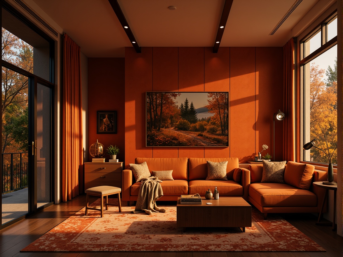 Prompt: Vibrant persimmon hues, warm earthy tones, rich orange shades, luxurious velvet textures, ornate golden accents, sophisticated modern interiors, elegant residential spaces, refined commercial designs, autumnal forest landscapes, rustic wooden elements, cozy candlelit ambiance, soft warm lighting, shallow depth of field, 1/1 composition, realistic reflections, ambient occlusion.