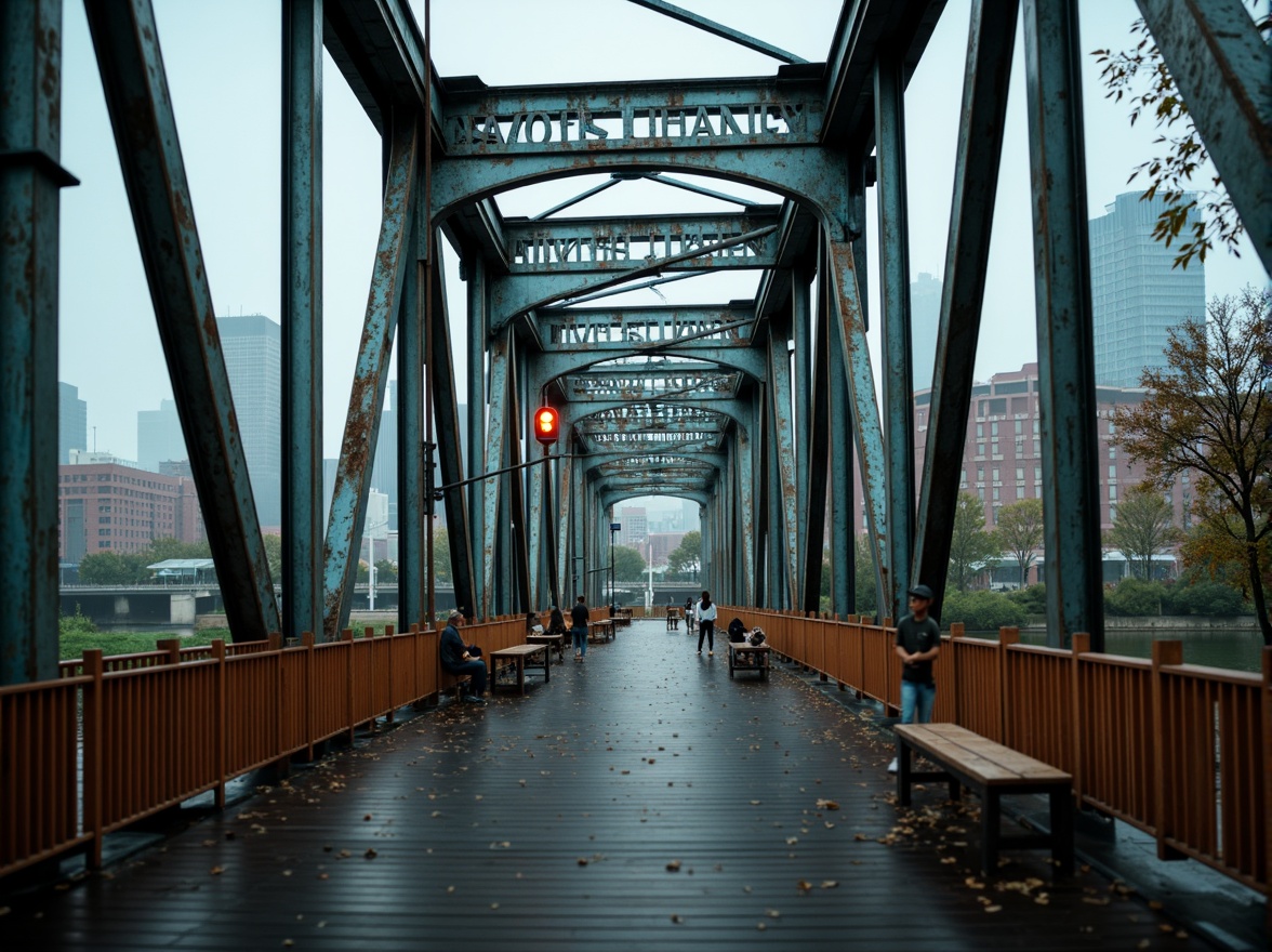 Prompt: Industrial bridge structure, steel beams, metallic luster, weathered wood accents, rustic railings, urban cityscape, misty morning atmosphere, soft warm lighting, shallow depth of field, 3/4 composition, realistic textures, ambient occlusion, cool blues, muted grays, earthy browns, vibrant orange highlights, subtle green undertones.