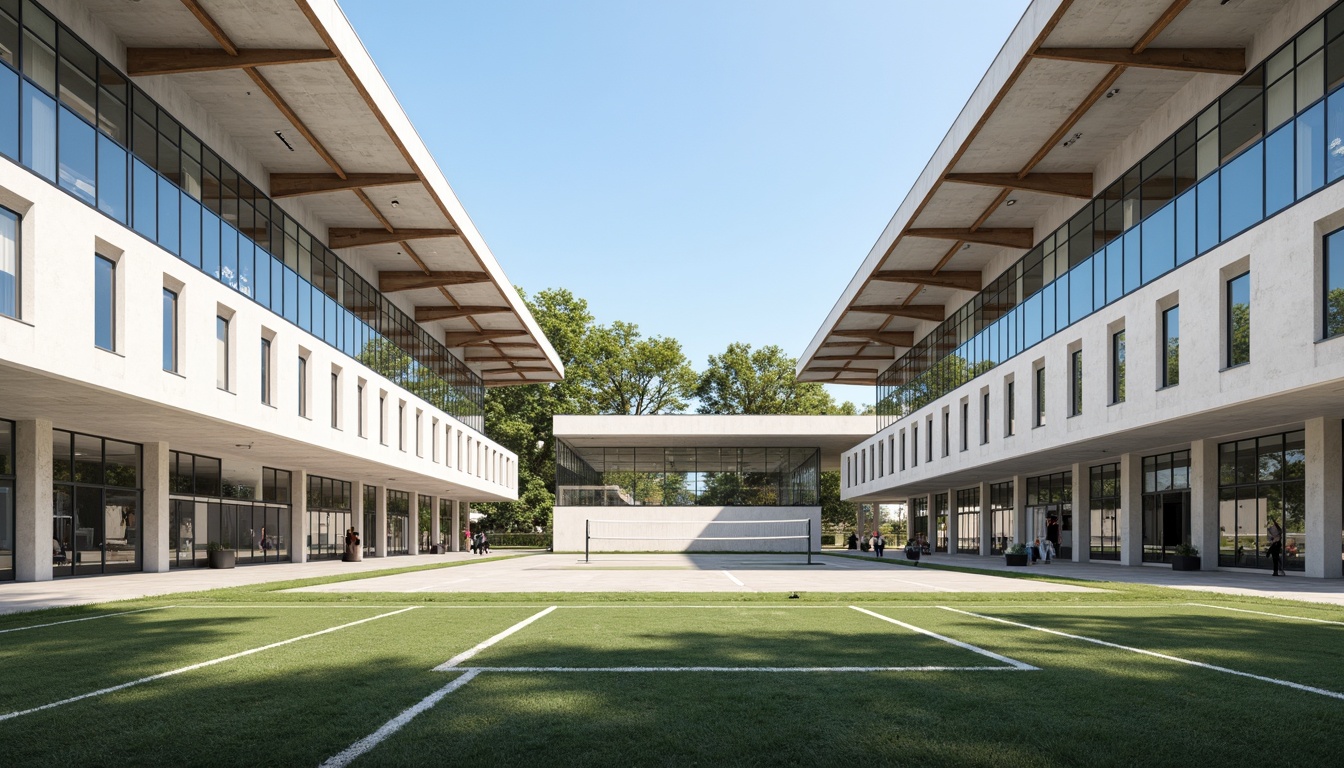 Prompt: Modern gymnasium building, clean lines, minimal ornamentation, rectangular forms, cantilevered roofs, large glass windows, steel frames, concrete structures, functional design, open interior spaces, athletic tracks, basketball courts, volleyball nets, sports equipment, artificial turf, bright natural lighting, high ceilings, minimalist color schemes, industrial materials, urban landscape, morning sunlight, shallow depth of field, 1/1 composition, realistic textures, ambient occlusion.