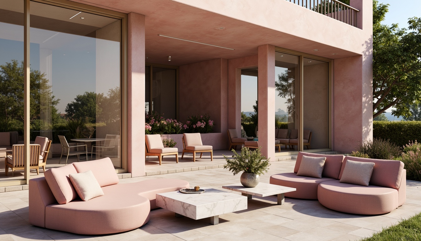 Prompt: Mauve-inspired modern architecture, soft pink hues, warm beige accents, sleek metal frames, large glass windows, minimalist interior design, plush mauve-colored sofas, velvet pillows, marble coffee tables, natural stone flooring, lush greenery, blooming flowers, sunny day, soft warm lighting, shallow depth of field, 3/4 composition, panoramic view, realistic textures, ambient occlusion.