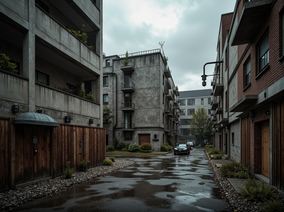 Prompt: Raw concrete textures, brutalist architecture, industrial landscapes, urban decay, rugged stone walls, metallic beams, exposed ductwork, weathered steel, distressed wood accents, muted earth tones, bold primary colors, high-contrast lighting, dramatic shadows, cinematic composition, gritty realism, atmospheric fog, overcast skies, rainy days, brooding mood, intense chiaroscuro.