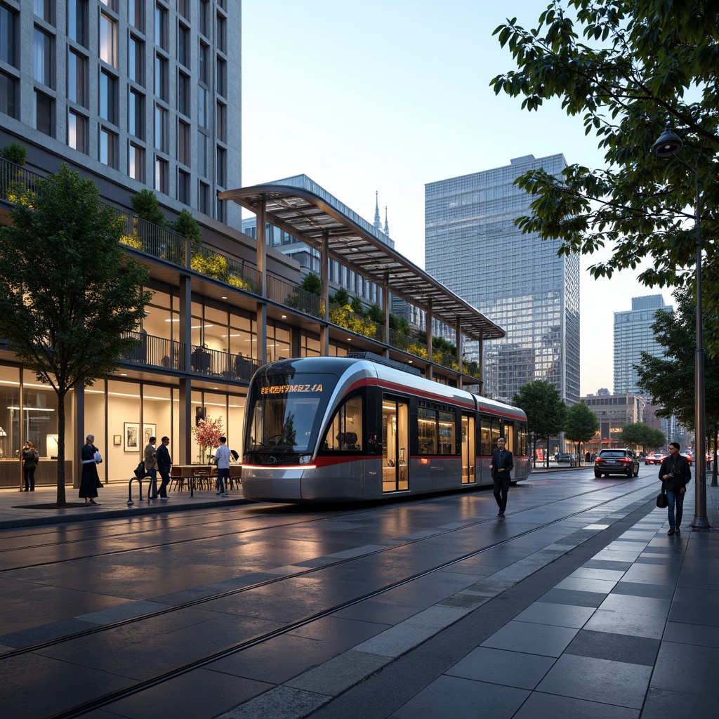 Prompt: Futuristic tram station, sleek metallic facade, dynamic LED light displays, curved glass roofs, angular steel structures, sustainable energy harvesting systems, solar panels, green walls, modern urban landscape, busy city streets, morning commute scene, soft natural lighting, shallow depth of field, 3/4 composition, panoramic view, realistic reflections, ambient occlusion.