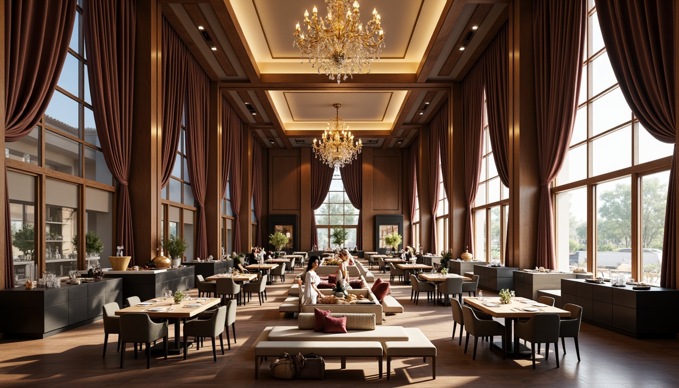 Prompt: Grand dining hall, high ceilings, chandeliers, elegant tables, comfortable seating, lavish curtains, refined wood accents, sophisticated lighting fixtures, spacious open layout, harmonious spatial flow, symmetrical composition, central buffet station, adjacent kitchen facilities, floor-to-ceiling windows, natural daylight, warm ambiance, 3/4 camera perspective, realistic renderings, ambient occlusion.