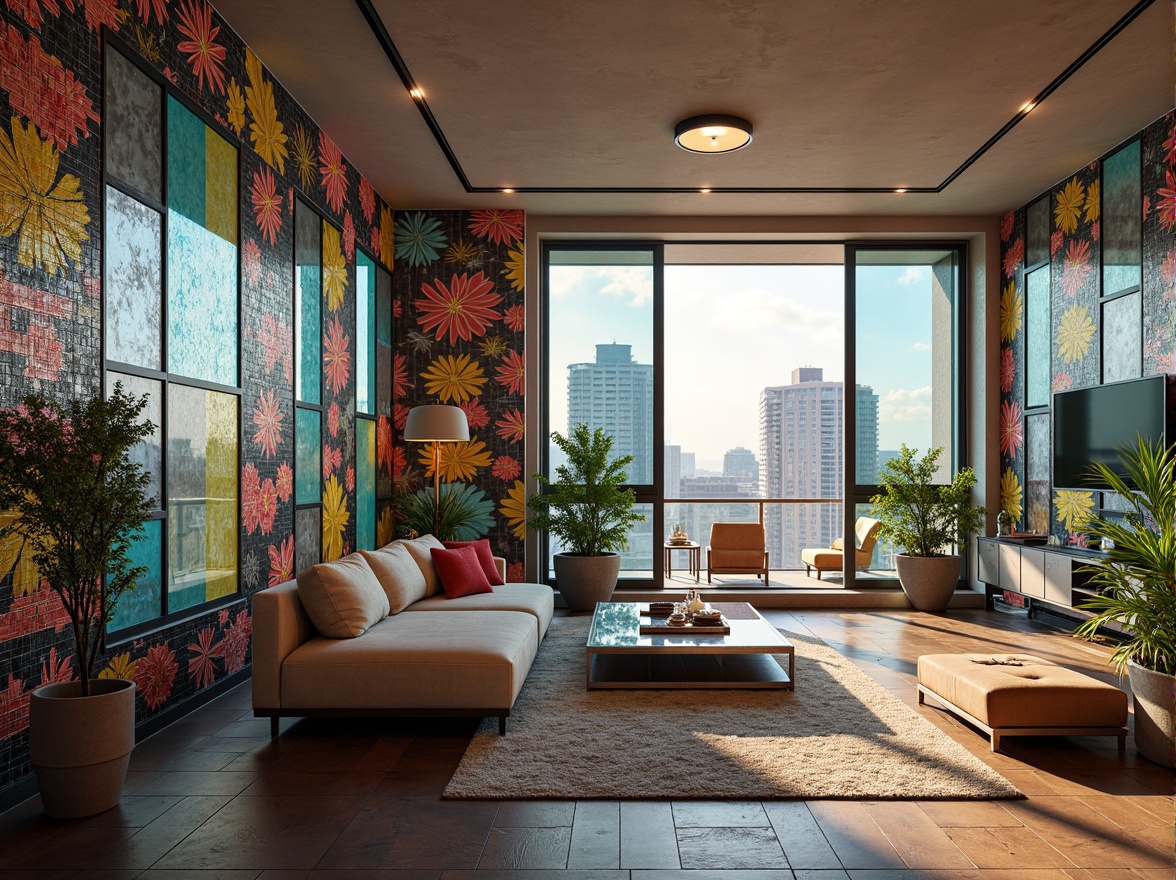 Prompt: Vibrant apartment interior, mosaic-adorned walls, colorful glass tiles, intricate patterns, natural stone flooring, modern furniture, sleek coffee tables, plush area rugs, floor-to-ceiling windows, urban cityscape views, soft warm lighting, shallow depth of field, 3/4 composition, realistic textures, ambient occlusion.