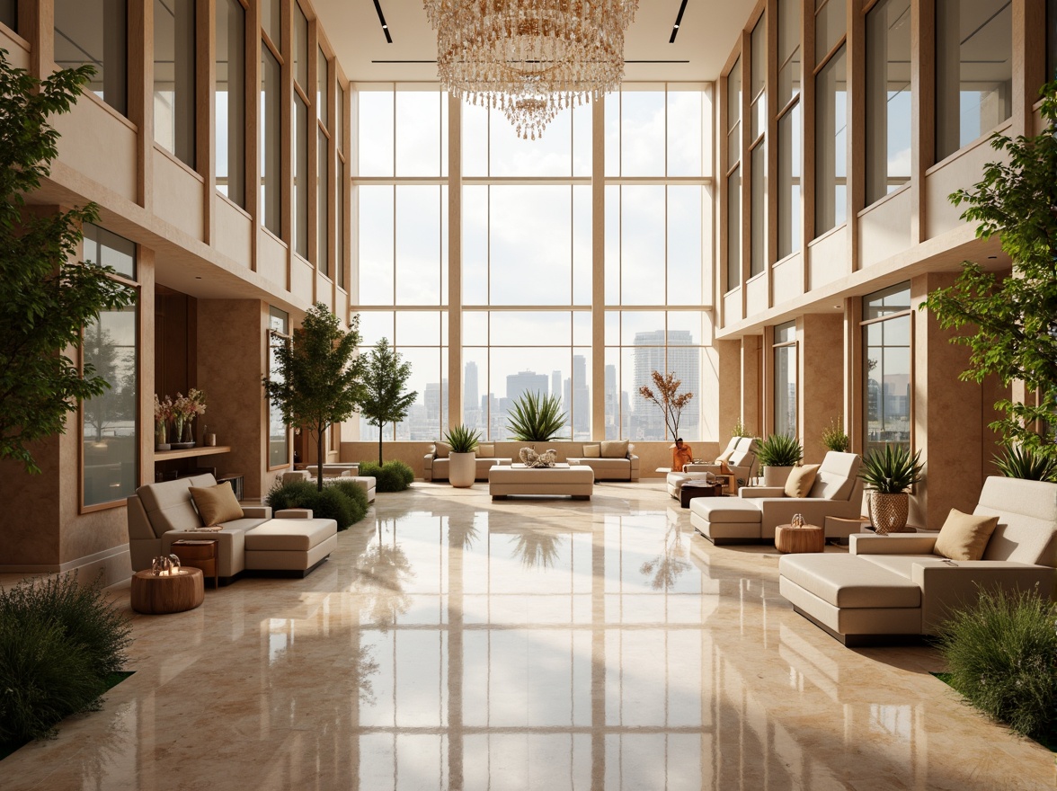 Prompt: Grand hotel lobby, high ceilings, floor-to-ceiling windows, minimalist decor, polished marble floors, warm beige walls, inviting seating areas, lush greenery, natural stone accents, modern chandeliers, bright daytime ambiance, soft diffused lighting, 1/1 composition, shallow depth of field, realistic textures, ambient occlusion, spacious atmosphere, panoramic views, cityscape backdrop, subtle color palette, elegant furnishings.