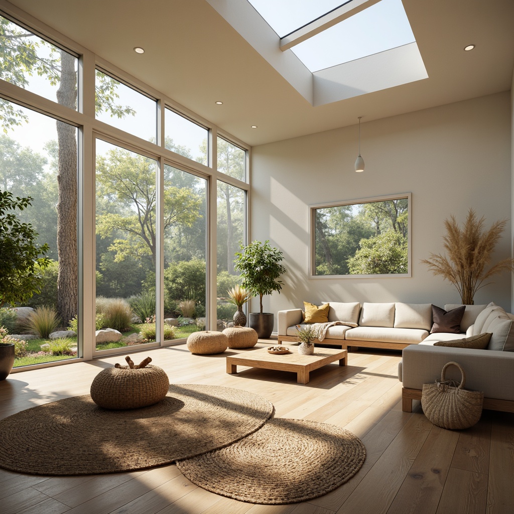 Prompt: Cozy living room, large windows, sliding glass doors, minimal window frames, clerestory windows, skylights, solar tubes, bright interior spaces, reflective surfaces, light-colored walls, minimalist decor, natural textiles, woven fibers, organic materials, earthy tones, warm ambiance, soft diffused lighting, 1/1 composition, shallow depth of field, realistic renderings.