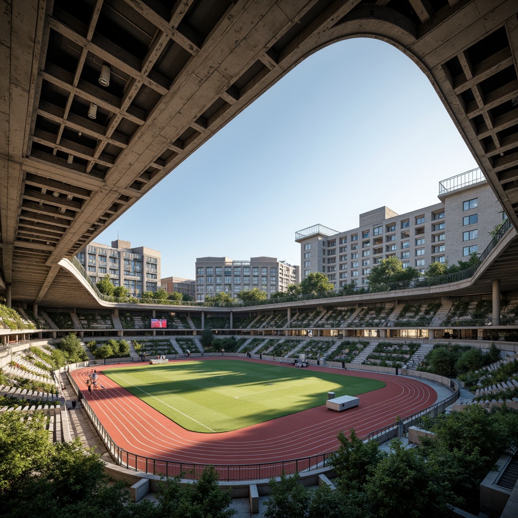 Prompt: Rugged sports field, brutalist architecture, exposed concrete structures, steel beams, raw textures, natural stone walls, aggressive geometric forms, bold color schemes, urban landscape integration, dynamic lighting systems, dramatic shadows, athletic tracks, football fields, soccer pitches, tennis courts, basketball courts, stadiums, grandstands, tiered seating, scoreboard displays, sports equipment, athletic wear, intense sunlight, high-contrast photography, cinematic composition, atmospheric depth of field.