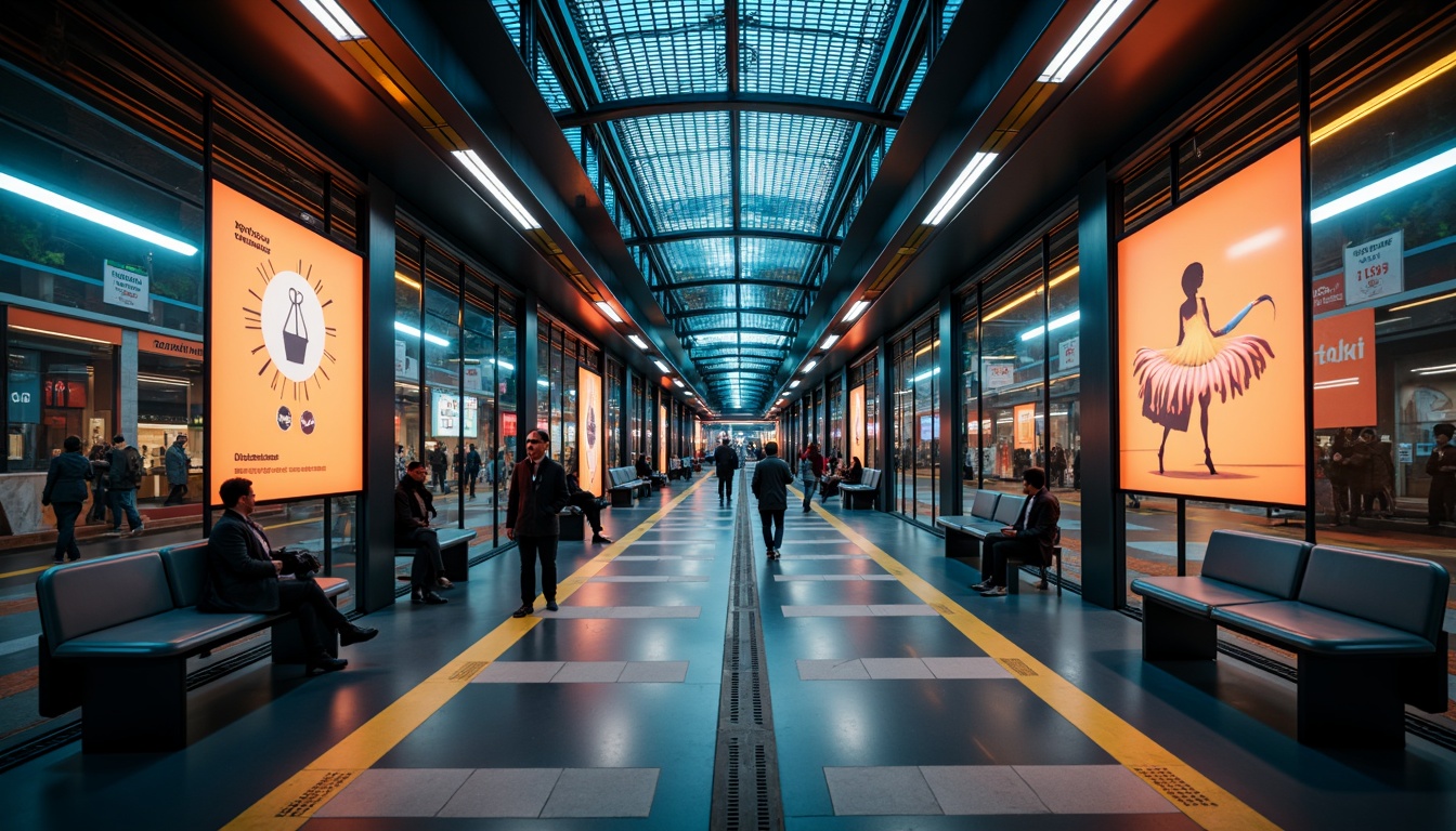 Prompt: Futuristic tram station, sleek metallic surfaces, neon-lit signage, glowing LED lights, dynamic color patterns, high-contrast tones, dark blues and whites, vibrant oranges and yellows, reflective glass walls, minimalist benches, modern architecture, urban cityscape, busy commuter scene, early morning lighting, shallow depth of field, 1/1 composition, realistic textures, ambient occlusion.