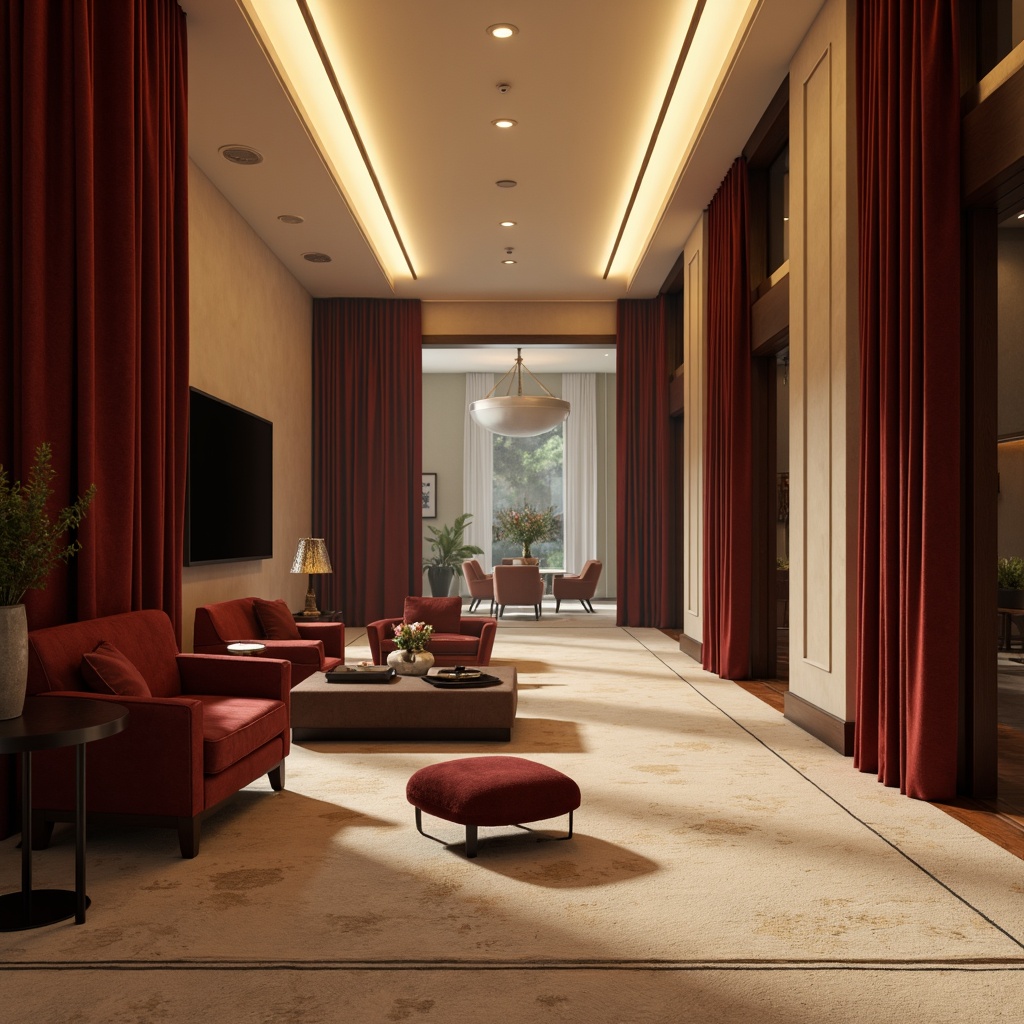 Prompt: Rich maroon accents, luxurious velvet textures, warm golden lighting, sophisticated modern interior, sleek minimalist furniture, cream-colored walls, subtle wood grain patterns, soft beige carpets, elegant ornate details, refined metallic accents, bold geometric shapes, dramatic high ceilings, atmospheric misty ambiance, cinematic shallow focus, 3/4 composition, muted earthy tones.