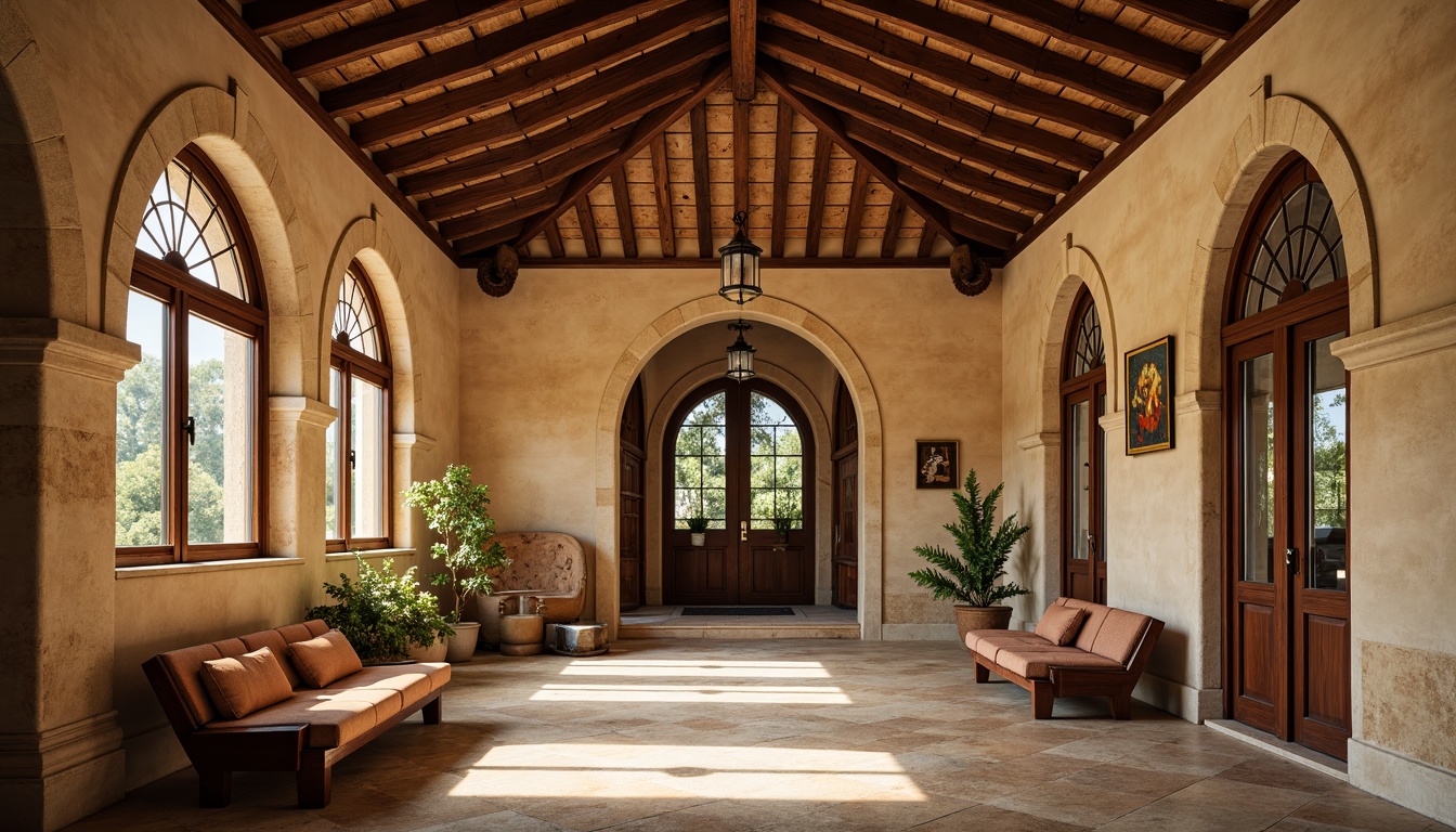 Prompt: Rustic clinic, Romanesque arches, rounded columns, ornate capitals, warm beige stone walls, terracotta roof tiles, decorative ironwork, stained glass windows, grand entrance doors, wooden benches, natural stone flooring, earthy color palette, soft warm lighting, shallow depth of field, 1/2 composition, detailed textures, ambient occlusion.