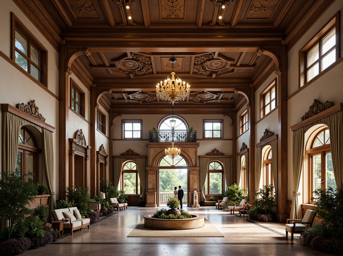 Prompt: Elegant Renaissance-style mansion, ornate stone carvings, grand entranceways, symmetrical facades, arched windows, stained glass details, intricate ironwork, heavy drapery, rich wood accents, ornamental ceilings, crystal chandeliers, soft warm lighting, shallow depth of field, 3/4 composition, panoramic view, realistic textures, ambient occlusion.