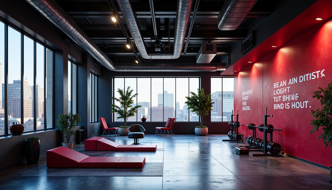 Prompt: Industrial-chic gym interior, bold color blocking, primary red accents, deep blue tones, geometric shapes, metal beams, exposed ductwork, concrete floors, minimalist lighting, modern fitness equipment, motivational quotes, urban cityscape views, natural light pouring in, high-contrast shadows, dramatic spotlights, 1-point perspective composition, realistic reflections, ambient occlusion.