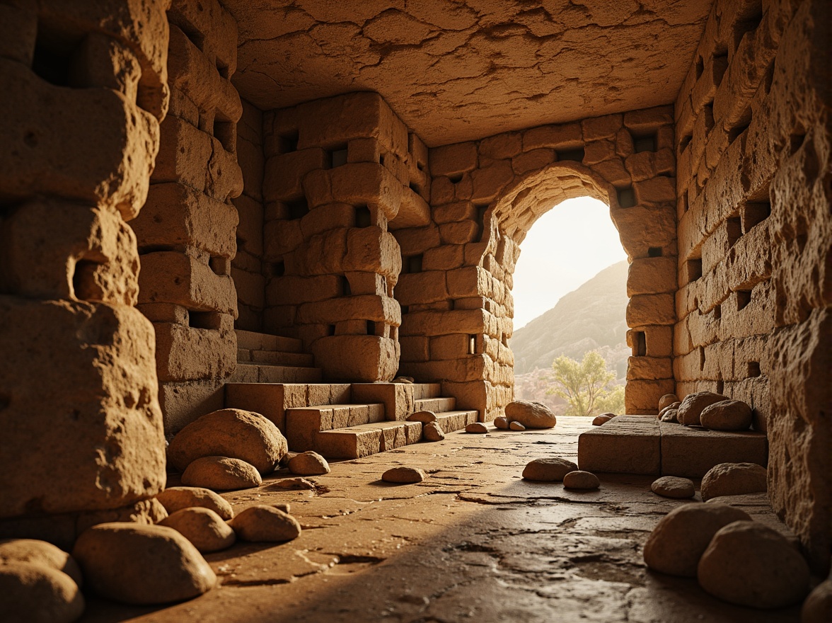 Prompt: Lavacrete material, organic texture, natural stone appearance, earthy tone, rough surface, detailed crevices, rocky formations, cave-like structures, ancient ruin inspiration, mystical ambiance, warm golden lighting, soft focus, shallow depth of field, 1/2 composition, realistic rendering, ambient occlusion.