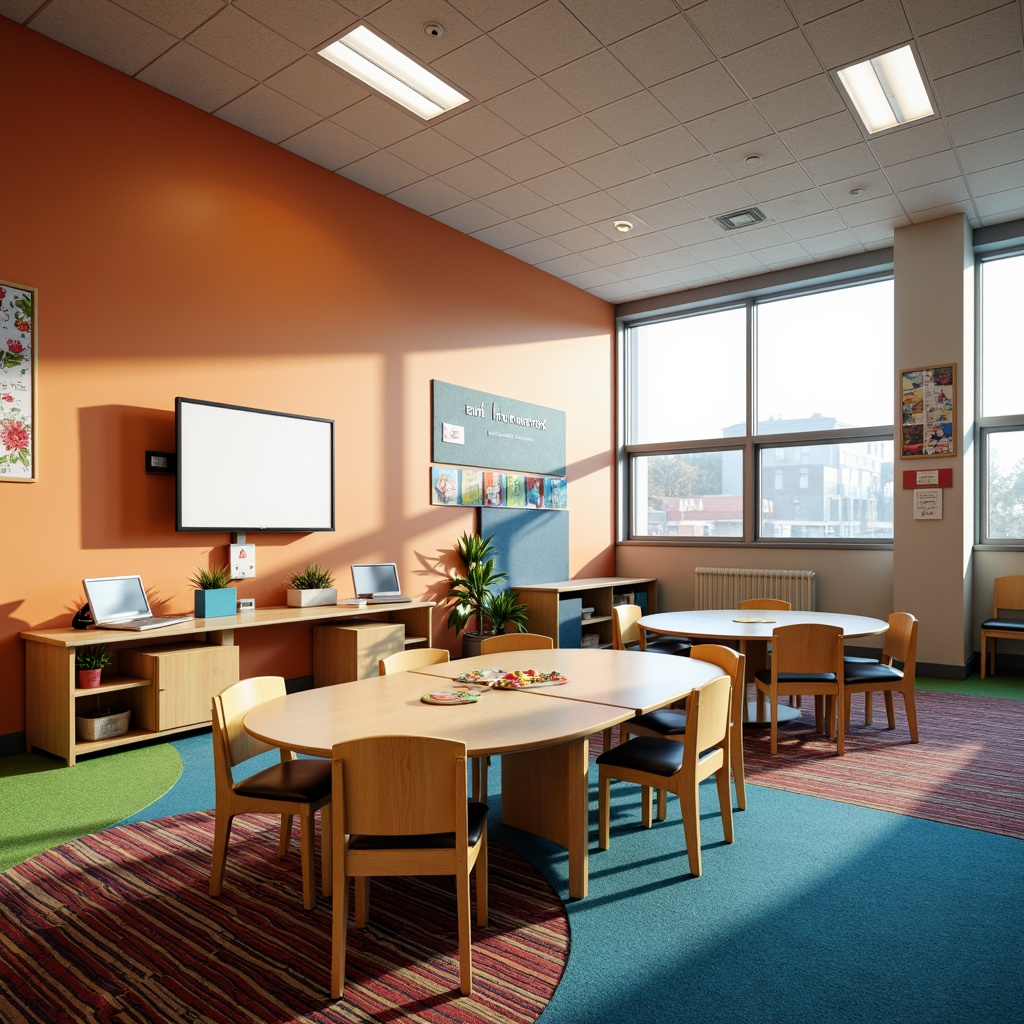 Prompt: Vibrant elementary school interior, open-plan classrooms, collaborative learning spaces, modular furniture, colorful carpets, educational wall graphics, interactive whiteboards, rounded tables, ergonomic chairs, natural light pouring in, large windows, soft warm lighting, 3/4 composition, shallow depth of field, realistic textures, ambient occlusion.