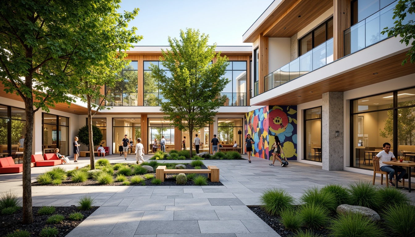 Prompt: Vibrant community center, open courtyard, lush greenery, modern architecture, large windows, glass doors, natural stone flooring, wooden accents, collaborative seating areas, colorful murals, interactive art installations, flexible event spaces, movable partitions, soft warm lighting, shallow depth of field, 3/4 composition, realistic textures, ambient occlusion.